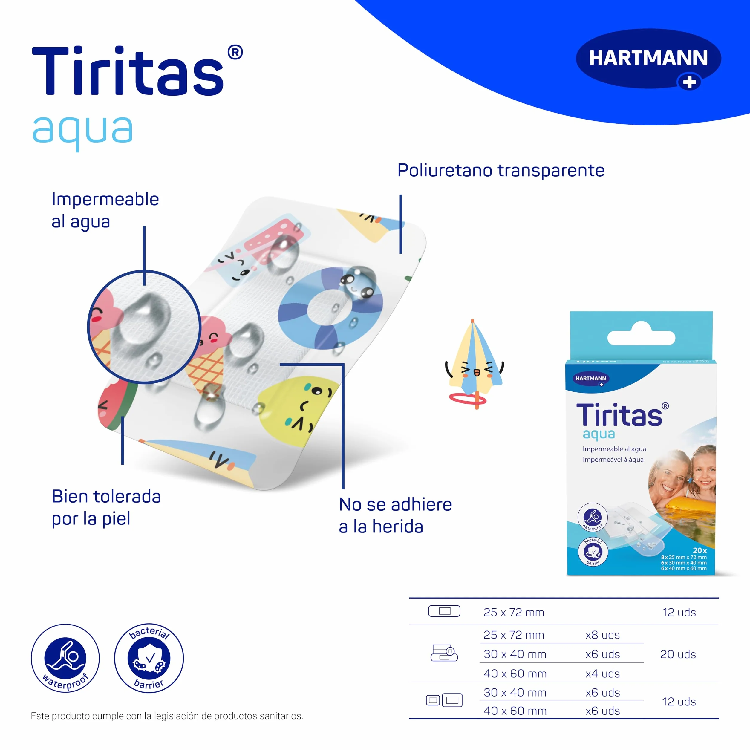 TIRITAS Aqua Kids Apósitos impermeables hipoalergénicos diseño tatuaje piel transpirable 2 tamaños 12 unidades