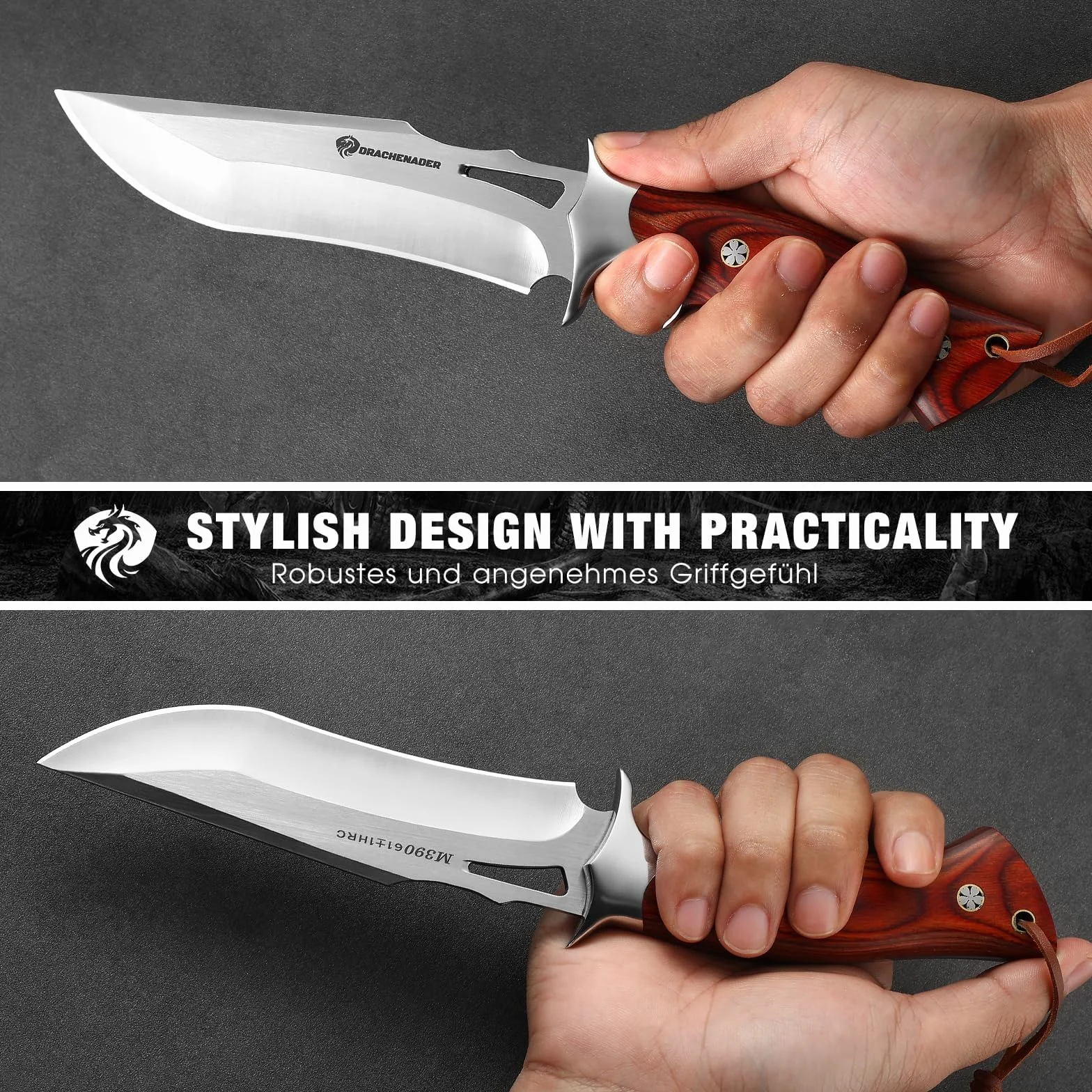 DRACHENADER cuchillo de cinturón cuchillo de supervivencia cuchillo de caza cuchillo grande, muy afilado bushcraft hoja fija con funda de cuero genuino, mango de madera