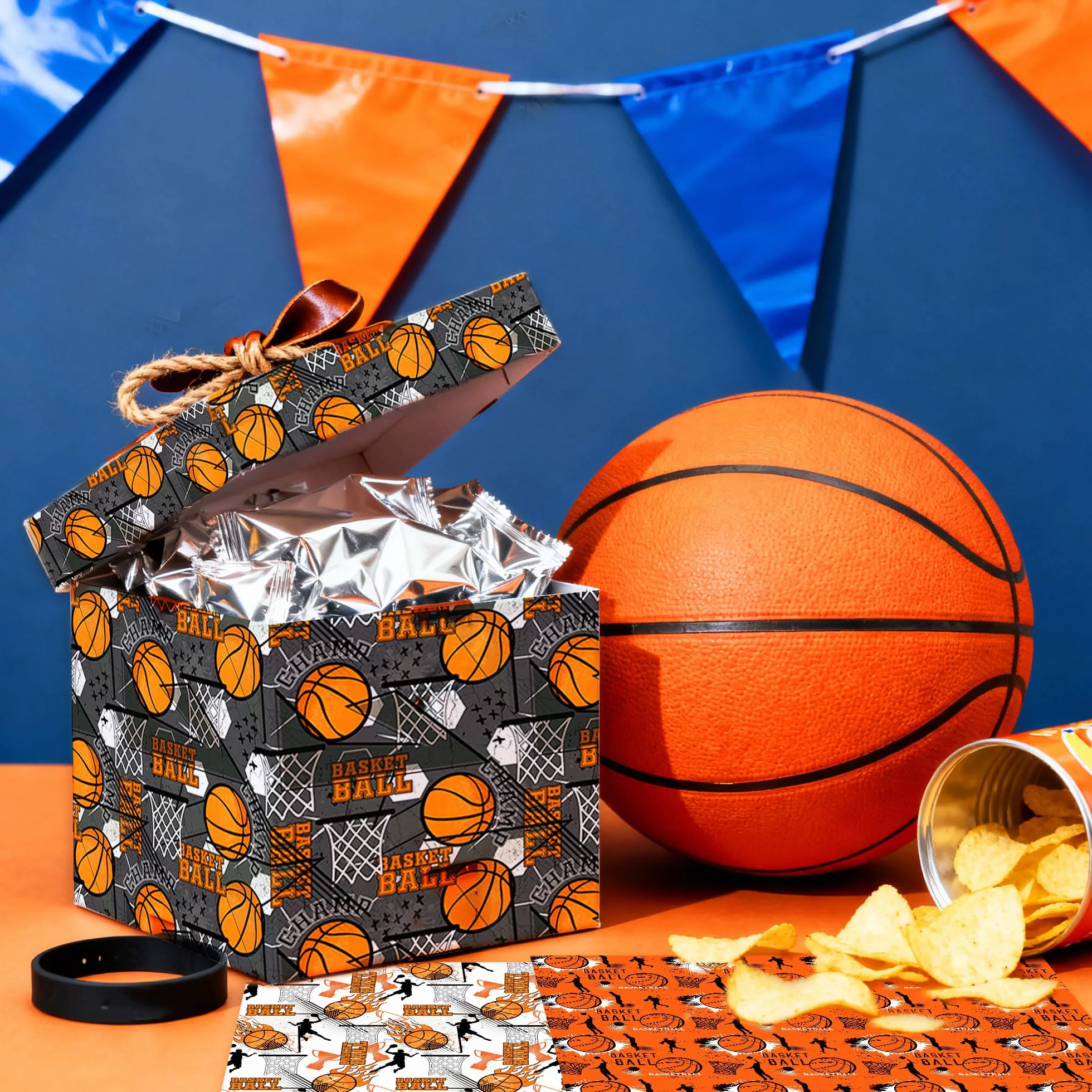 Roaring Good Time papel de regalo estampado baloncesto papel artesanal deportivo para cumpleaños y fiestas deportivas envoltura personalizada balones