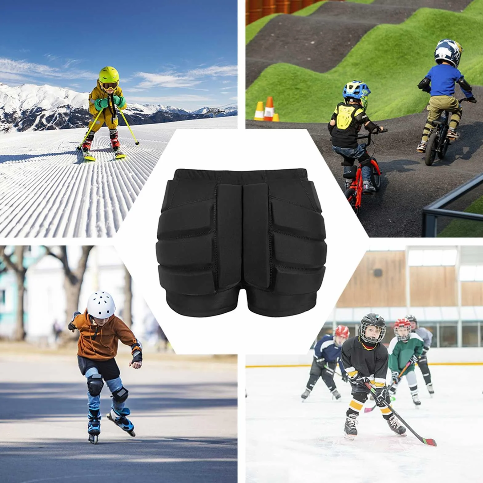 Padres de protección de Cadera para niños Pantalones Cortos y Nalgas de Seguridad para Patinaje de Hielo Tela Estirable Transpirable, Cremallera fácil, Relleno de Espuma