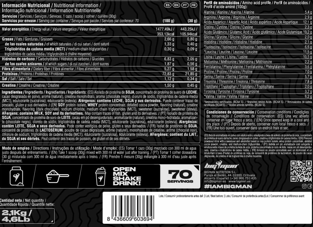 BigMan Forza Protein 2kg Aislado Proteína Soja + Concentrado Whey Creatina Chocolate