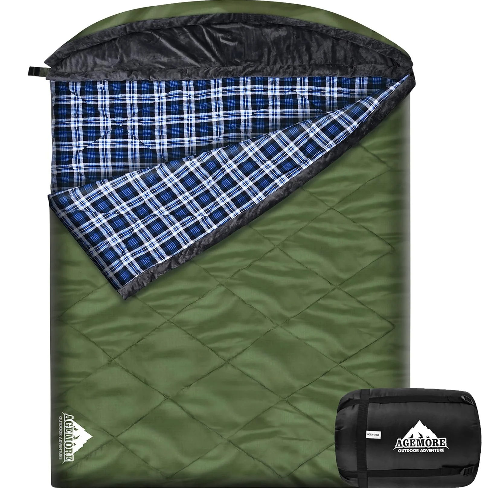 Saco de Dormir Doble de Franela de algodón con Capucha con Forro Polar, Impermeable, tamaño Queen, para 2 Personas, para Adultos, Clima frío, Camping, mochilero o Senderismo, 3-4 Estaciones