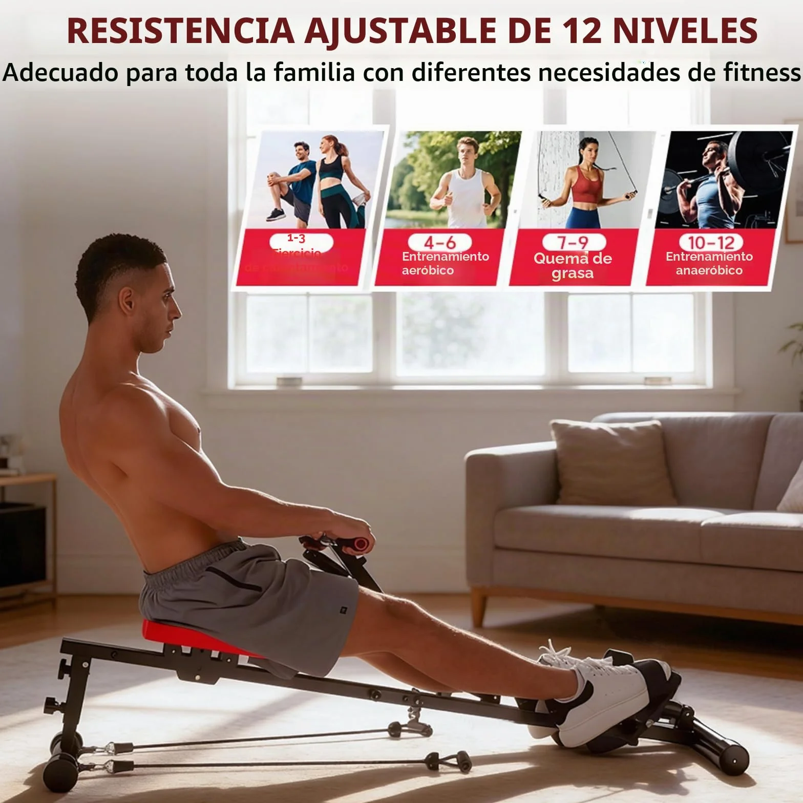 Máquina de remo hidráulica para el hogar, 12 niveles de resistencia, capacidad de carga de 180 kg, entrenamiento de cuerpo completo, máquina de remo