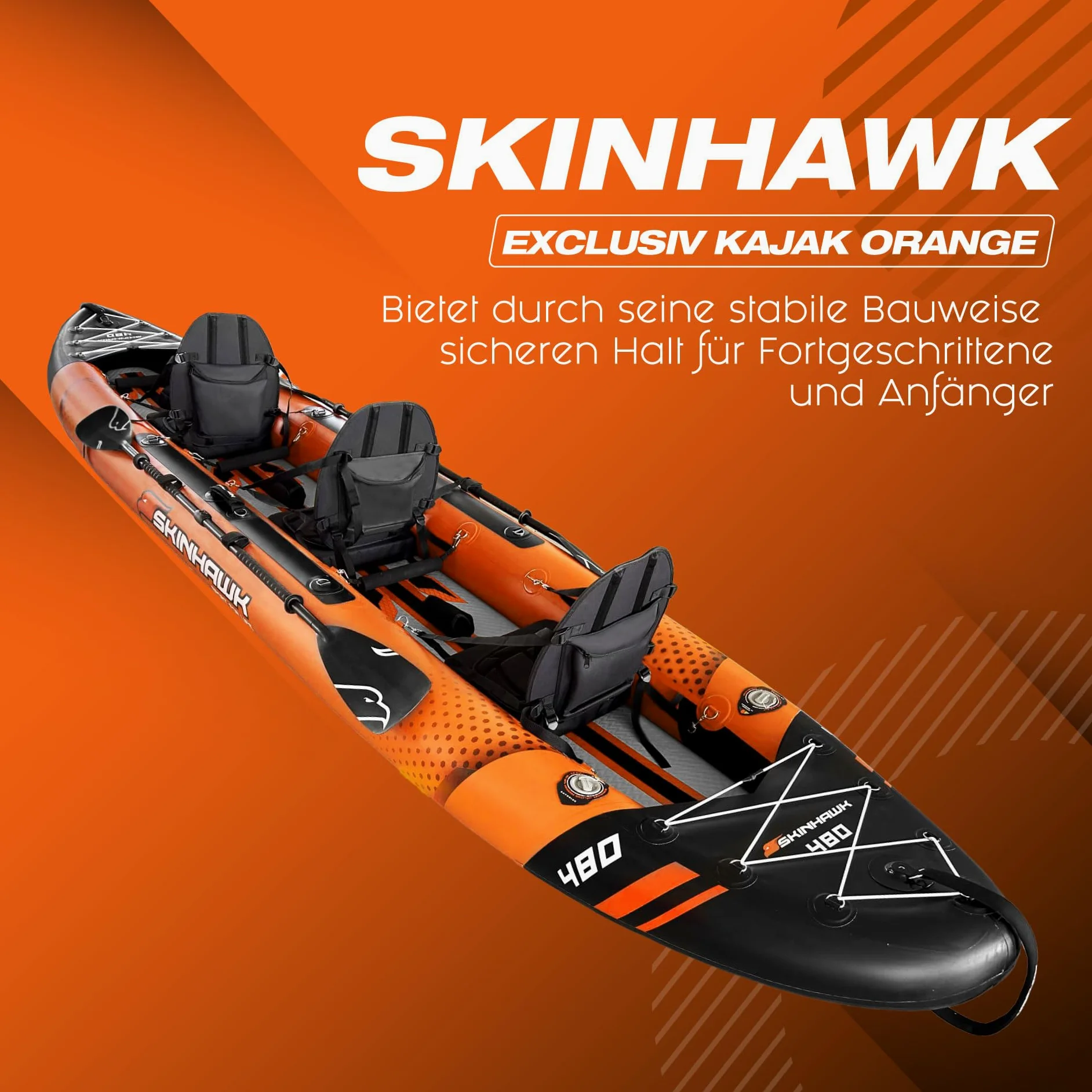 SKINHAWK Exclusiv Orange Kayak Set 480 – Barco inflable – Canoa – 480 x 96 cm – Kayak para 3 personas