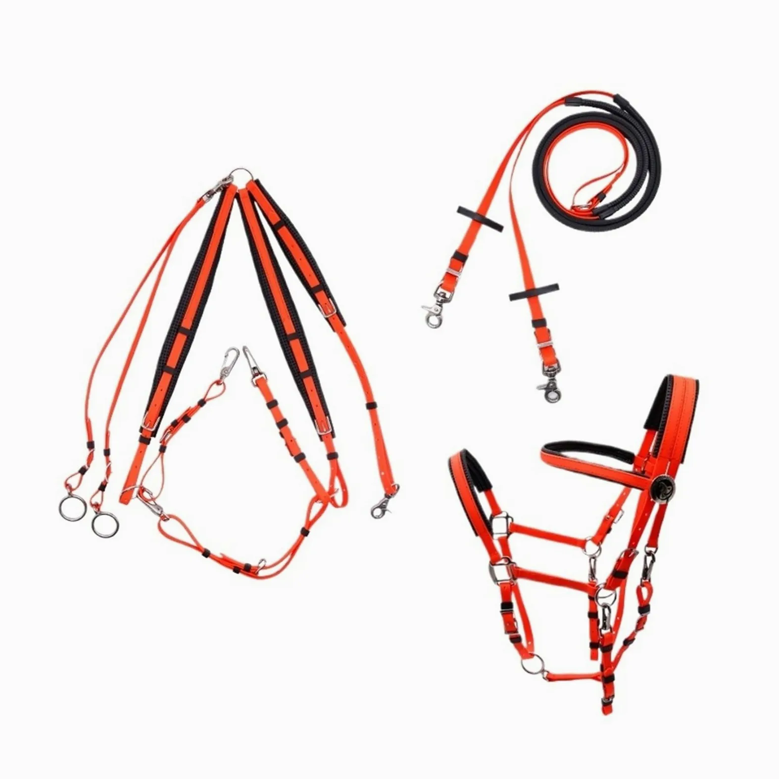 Endurance Horse Tack - Juego completo de cabestro estilo brida de nailon de cuero y PVC, juego completo de equipo de equitación, disponible (naranja)