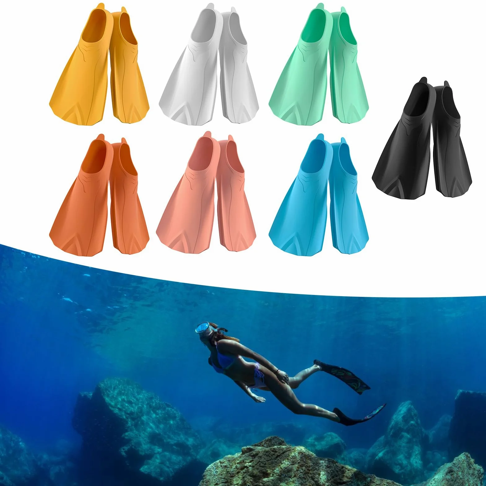 Aletas de natación de silicona para adultos y niños, aletas de esnórquel de tamaño de viaje, aletas de entrenamiento de natación para regazo, natación, buceo, aletas de natación de silicona para