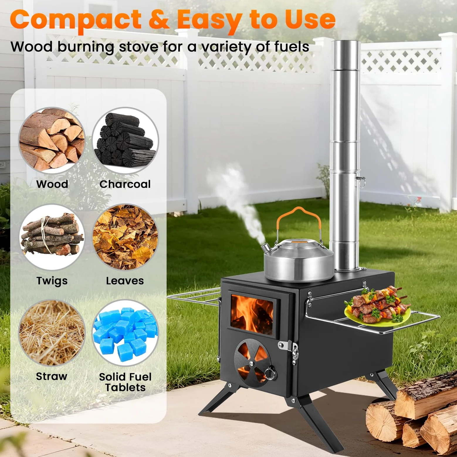SOPPY Horno de tienda de campaña mini estufa de leña portátil de camping de acero inoxidable estufa de camping horno de jardín con tubos de chimenea horno de taller para tienda de campaña/jardín