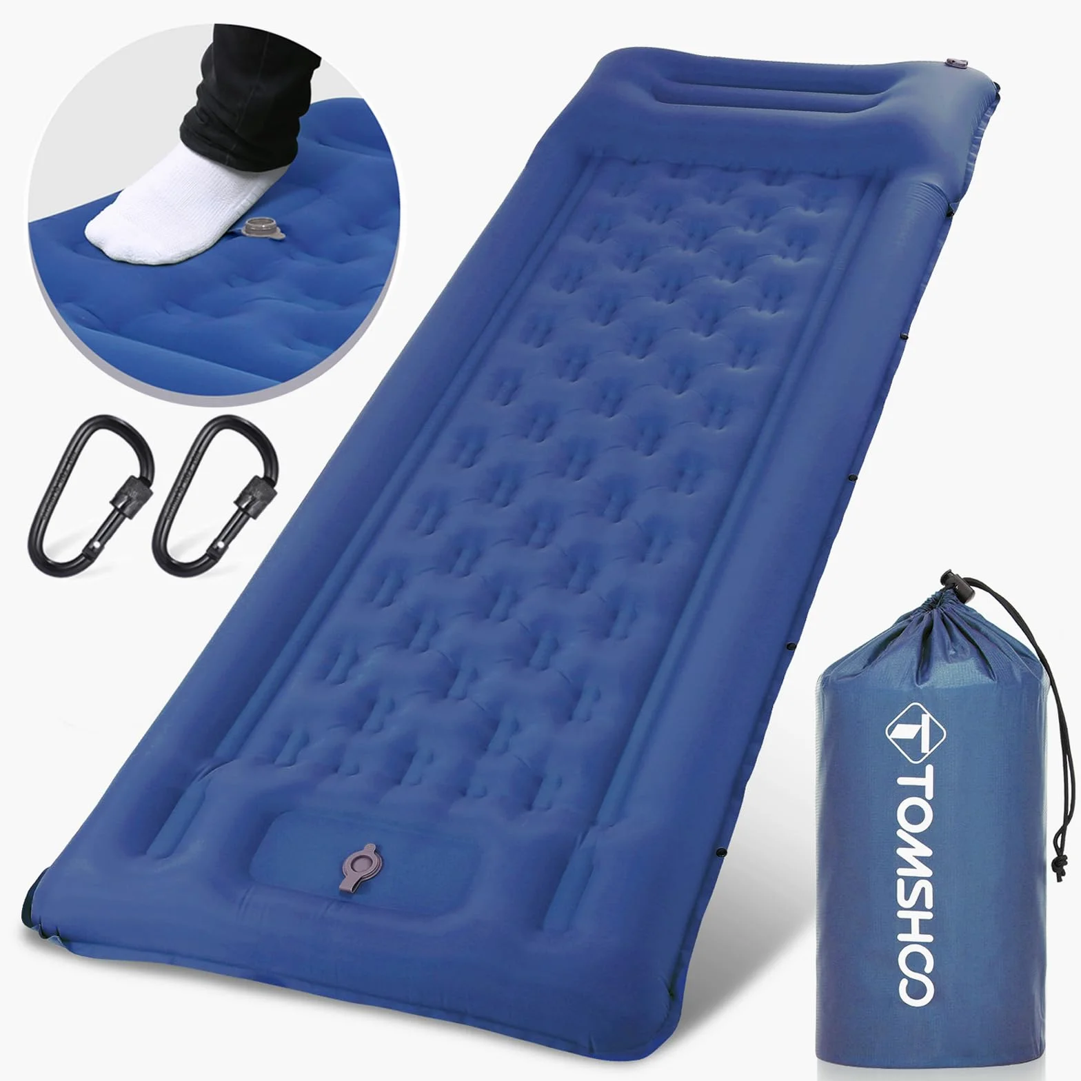TOMSHOO Esterilla Camping Autoinflable, Colchón Hinchable Con Bomba de Pie y Almohada, Ultraligera Con 2 Mosquetón, Para Tienda, Senderismo, Viajes