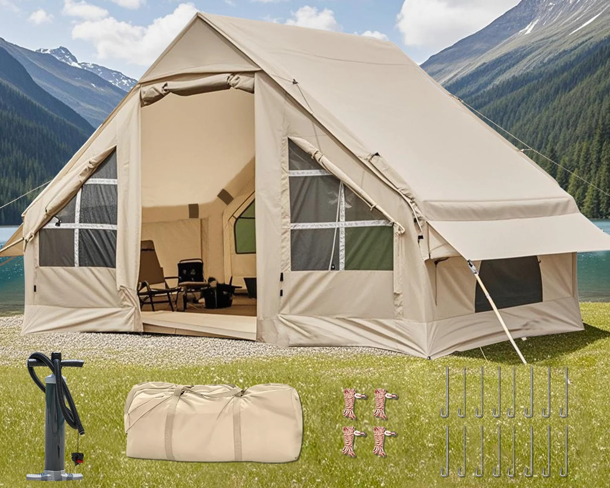 Tienda de campaña inflable para 2/4/6/8 personas, tiendas de campaña inflables para camping, actualización 2025, puerta con cremallera, fácil instalación, tienda de campaña inflable con mosquitera y