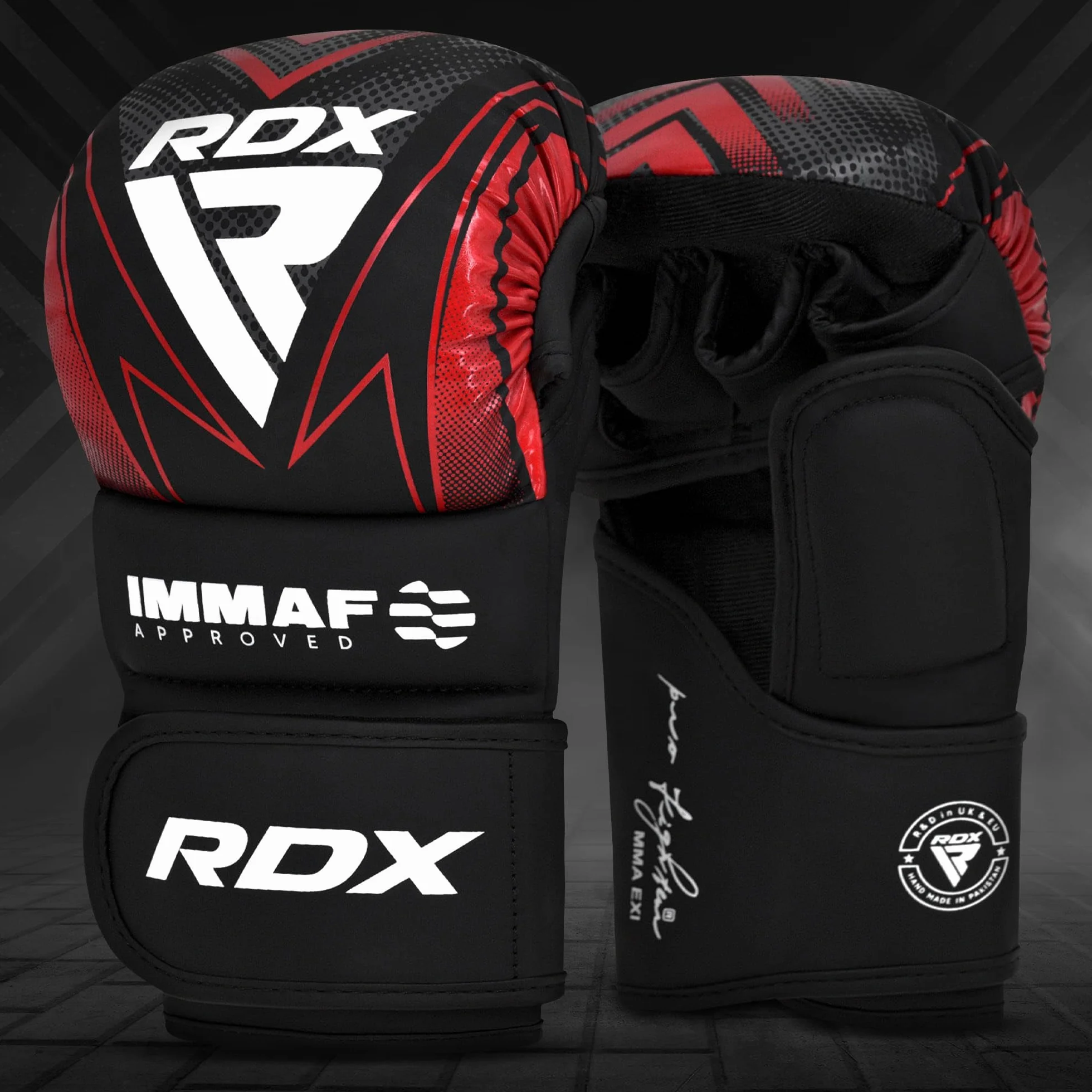 RDX Guantes de combate aprobados por IMMAF, diseño híbrido de grado profesional para nivel de competición y entrenamiento, palma abierta ventilada, correas de muñeca ajustables, artes marciales Muay