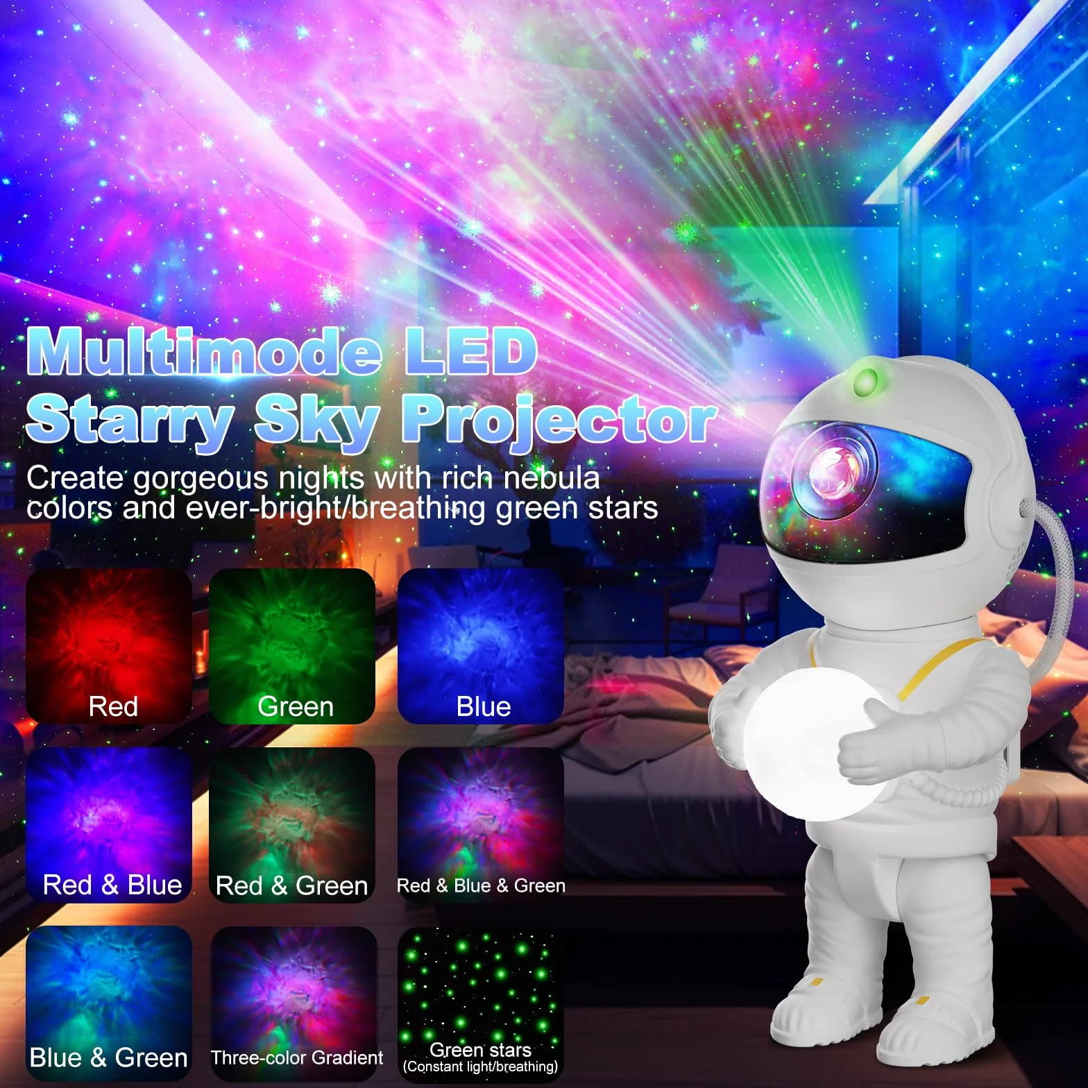 Feliigo Proyector Estrellas LED Astronauta Galaxy 8 Modos Iluminación Rotación 360° Mando Distancia Luz Nocturna Infantil