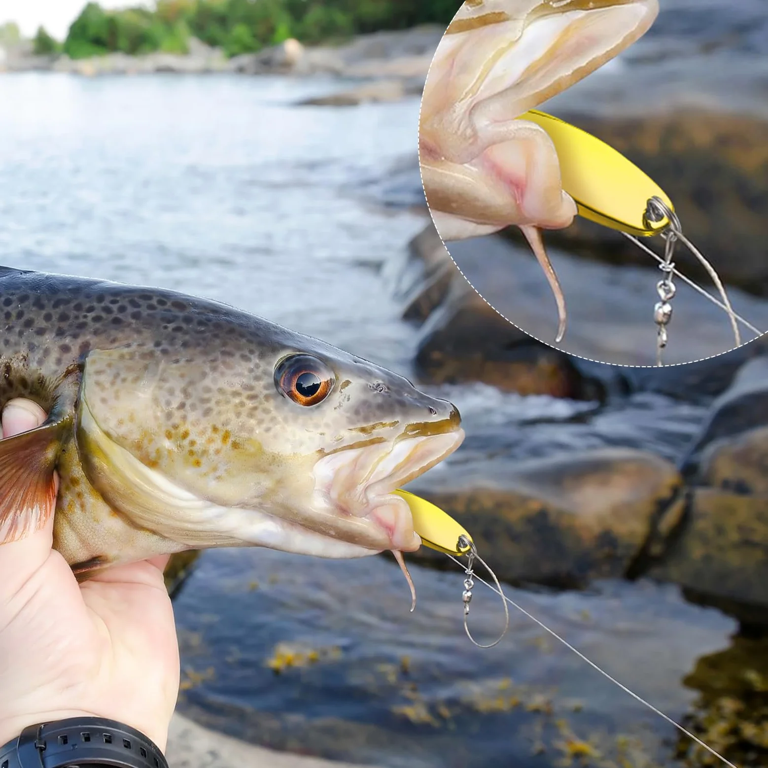 HESTYA Señuelos de pesca, cucharas de metal para pesca de agua salada, señuelos de trucha agudos, cebos giratorios de metal duro, 5 tamaños, ganchos de cuchara de fundición para salmón y lubina