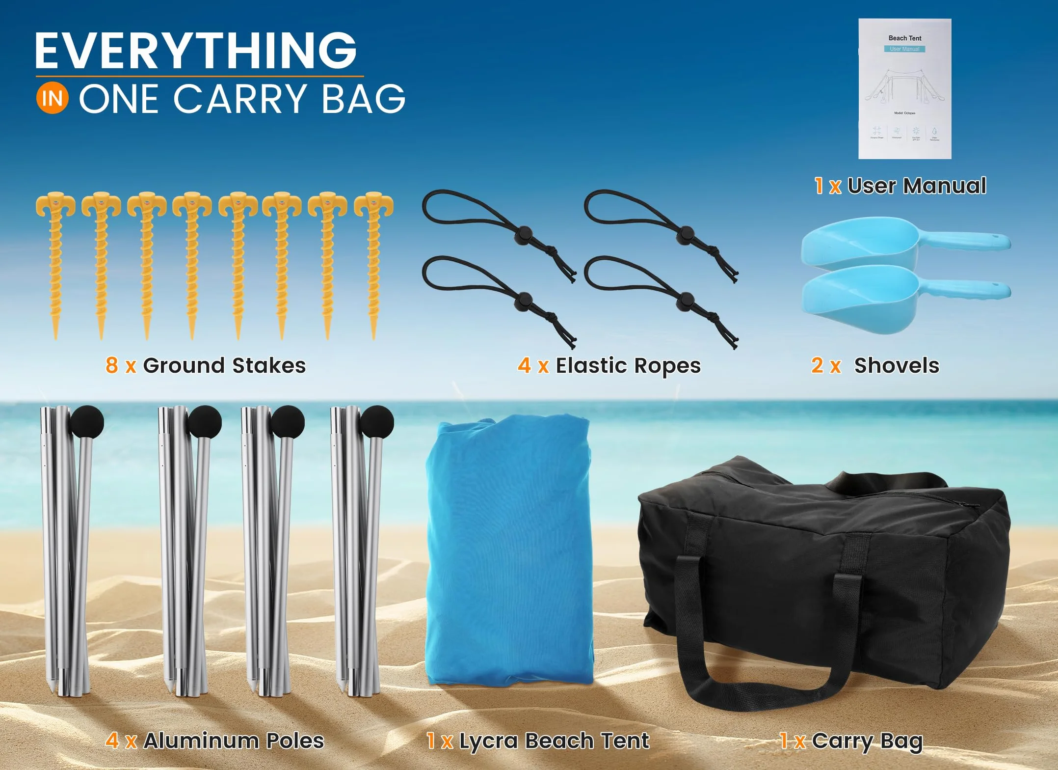 Carpa Playa Tienda de campaña UPF50+, Playa Familiar Plegable Toldo Playa Carpas con 4 Bastones, Pala, Clavijas y Bolsa de Transporte para Camping, Pesca, 3X 3X 2M (Sky Blue)