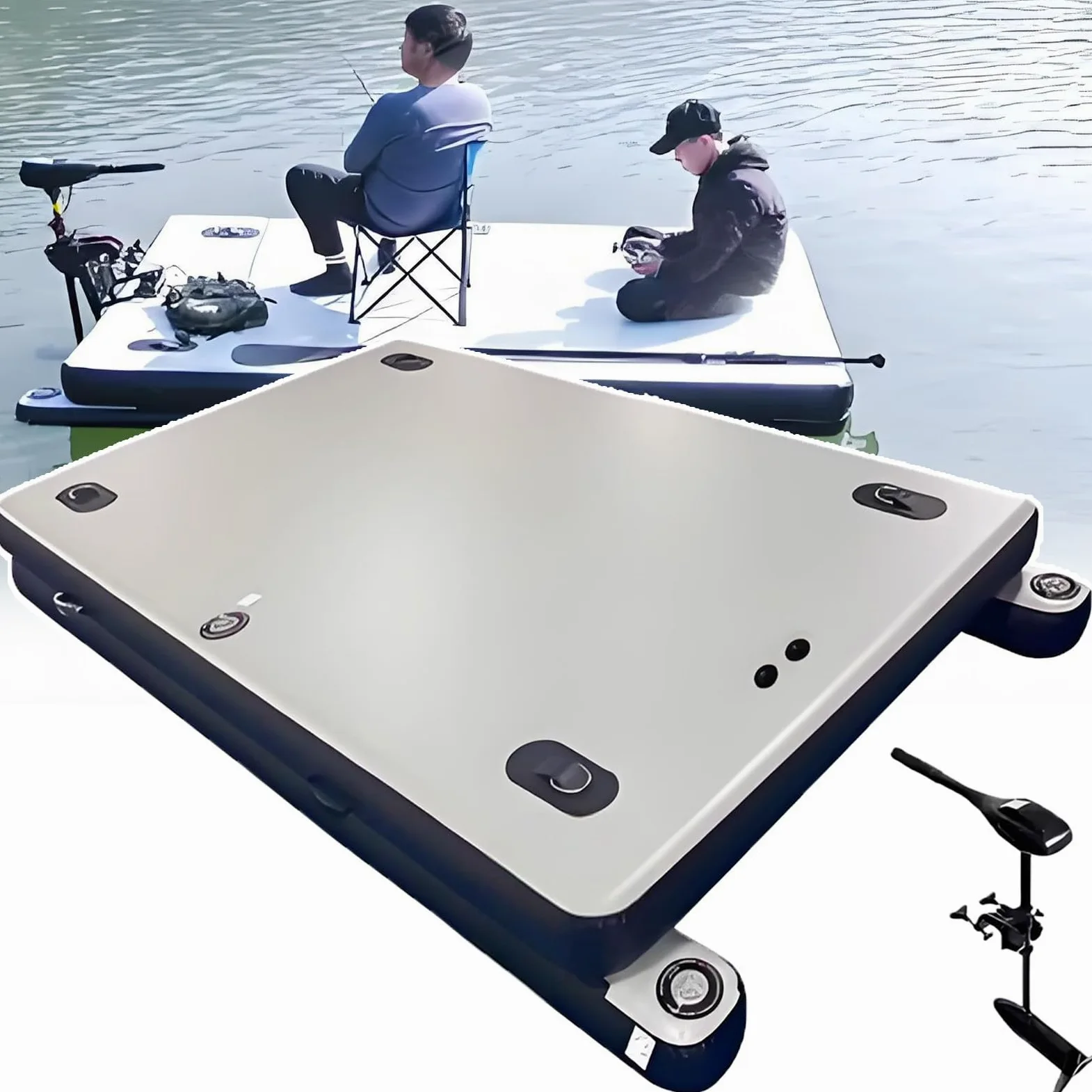 Pontón flotante inflable de alta capacidad 200 kg espesor 30 cm con hélices para pesca y actividades acuáticas al aire libre