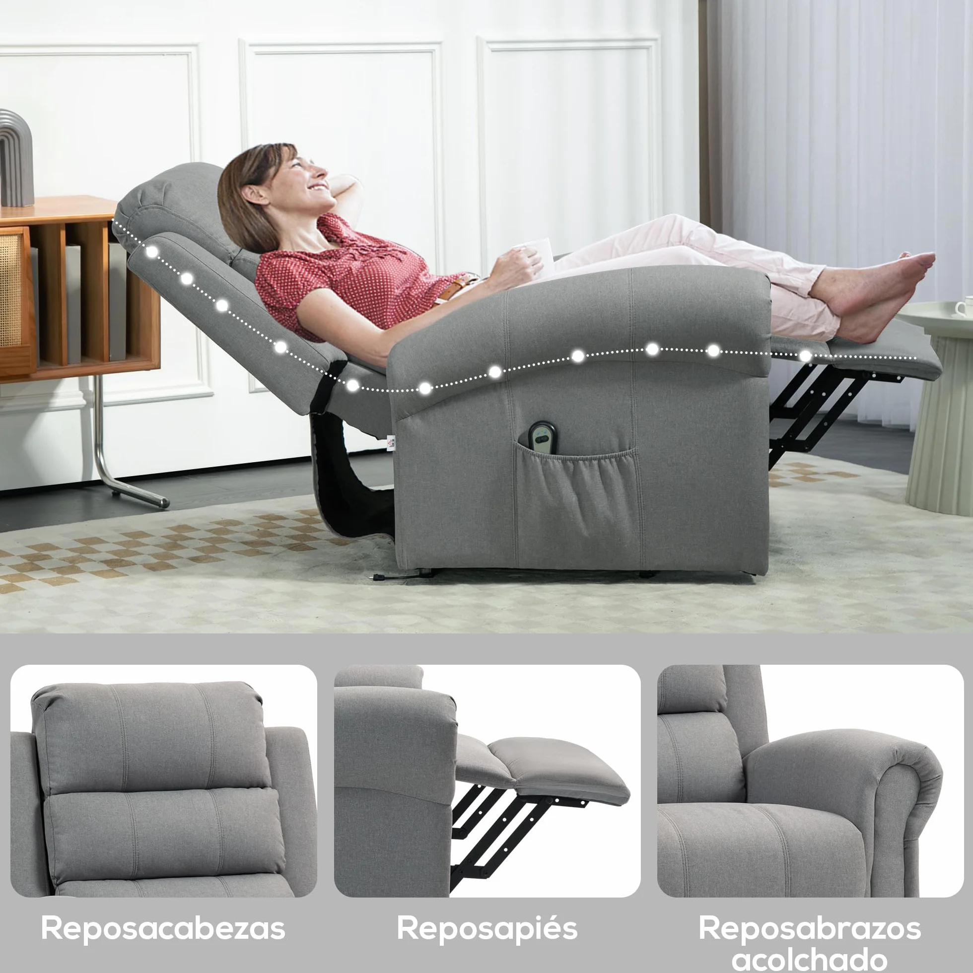 HOMCOM Sillón Relax Reclinable Eléctrico Levanta Personas, Masaje Vibratorio y Calor, Control Remoto, Gris