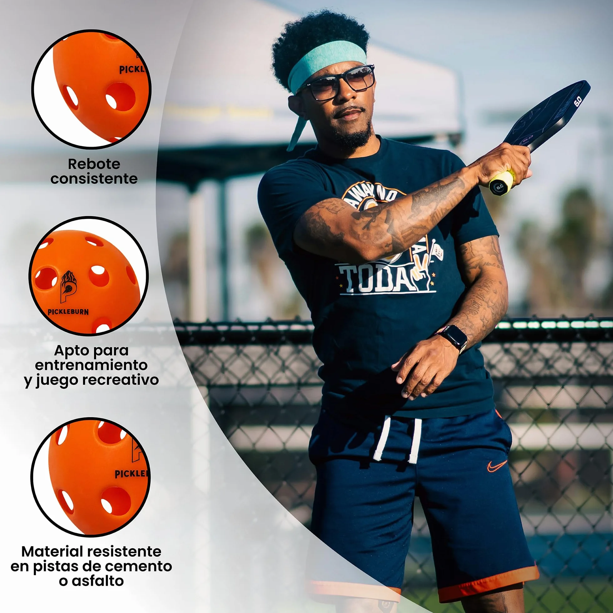 BurnCourt 40 - Bolas Pickleball Naranja Neón Pack de 6 Pelotas para Juego Exterior Outdoor 40 Agujeros Rebote Alto y Preciso con Bolsa y Pickers para Todos los Niveles