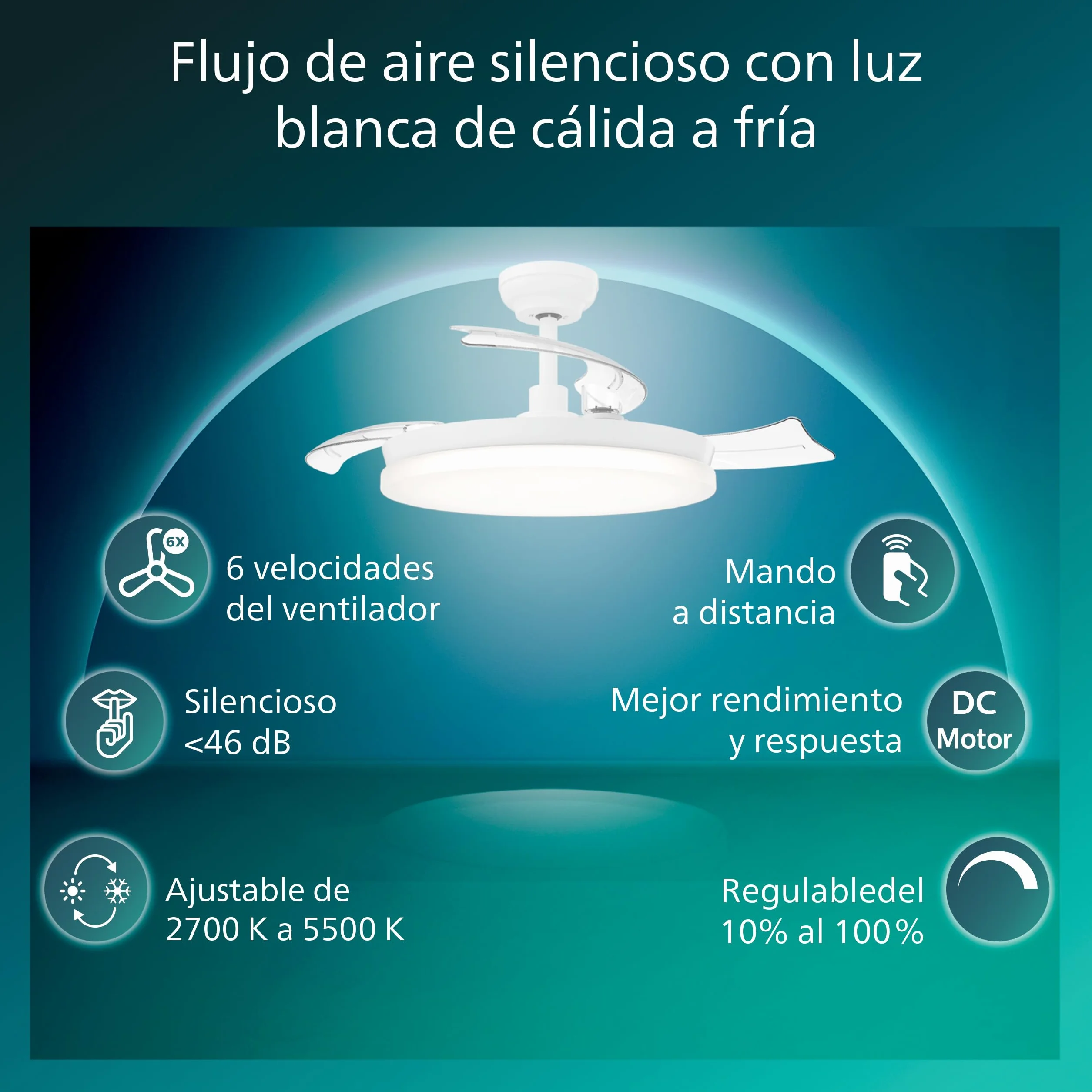 Philips Lámpara de Techo con Ventilador de Aspas Retráctiles LED 106 cm 4500 Lúmenes Blanco Tres Tonos Regulable Mando a Distancia
