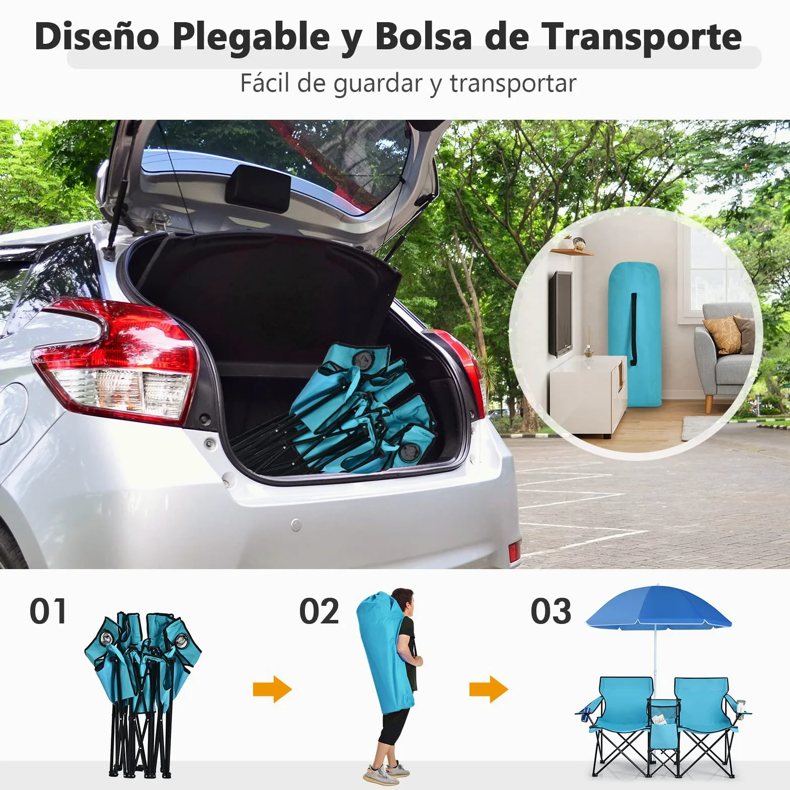 COSTWAY 2 Sillas de Camping con Sombrilla, Sillas Playas Plegables Doble, Portavasos, Bolsa Nevera, Bolsilla Lateral, Bolsa de Transporte, Exterior Picnic Senderismo Barbacoa, 160x56x178cm (Verde)