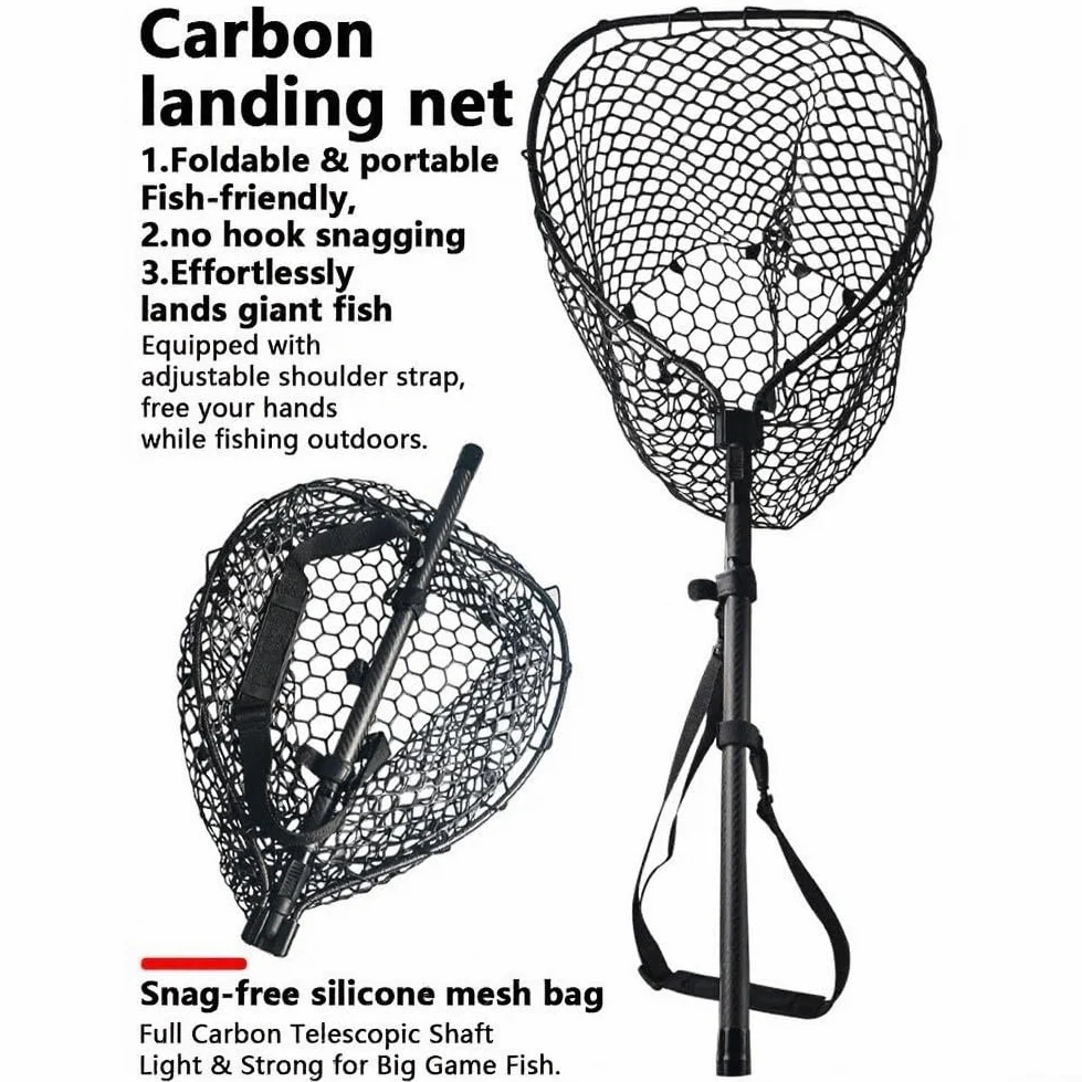 Red de aterrizaje plegable de fibra de carbono con malla suave para estanque de liberación de peces playa jardín 2,45 m