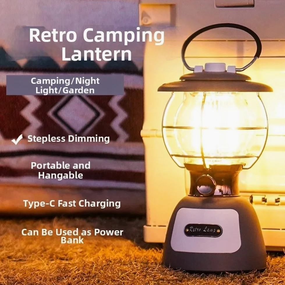 Eawfgtuw Linterna LED de camping con batería de 5200 mAh, luz de tienda regulable para senderismo al aire libre, banco de energía de puerto de carga rápida, lámpara de filamento retro, mango de gancho