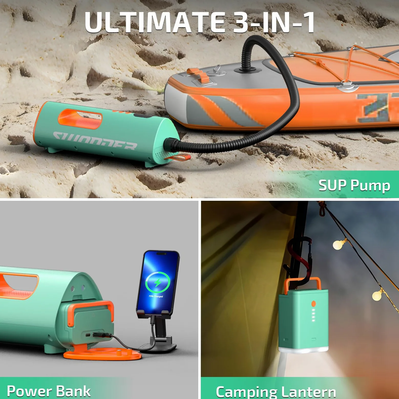 Swonder Seafalcon Bomba de tabla de remo, bomba de aire eléctrica recargable 3 en 1 con batería extraíble, bomba portátil para tabla de remo, kayak, inflables, barcos
