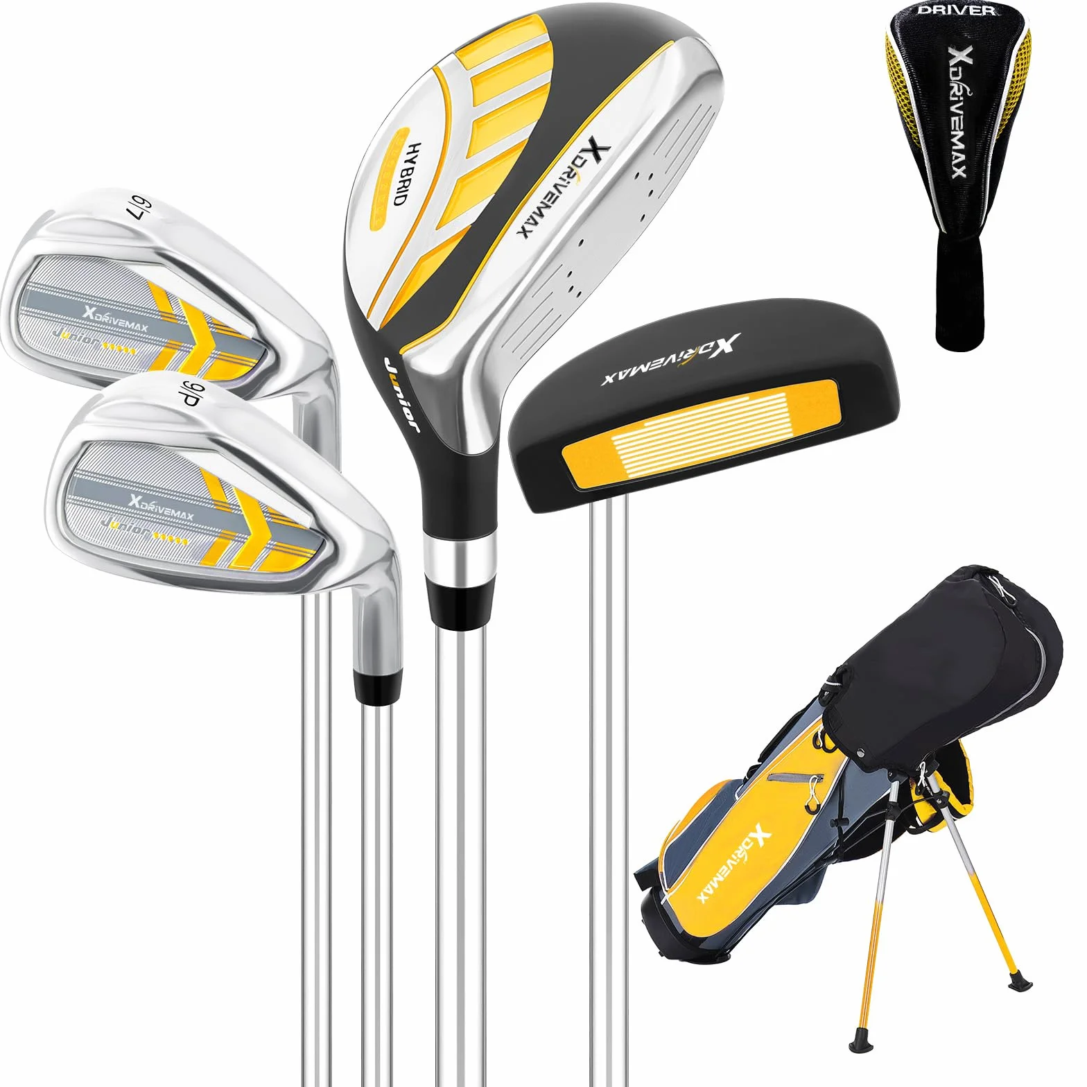 XDriveMax Juego de palos de golf para niños de 5/6 piezas, juego de palos de golf junior de 4 a 12 años, incluye bolsa de soporte, 1# Drive, 5# híbrido, 6/7#, 9/P # hierros y putter mano derecha para