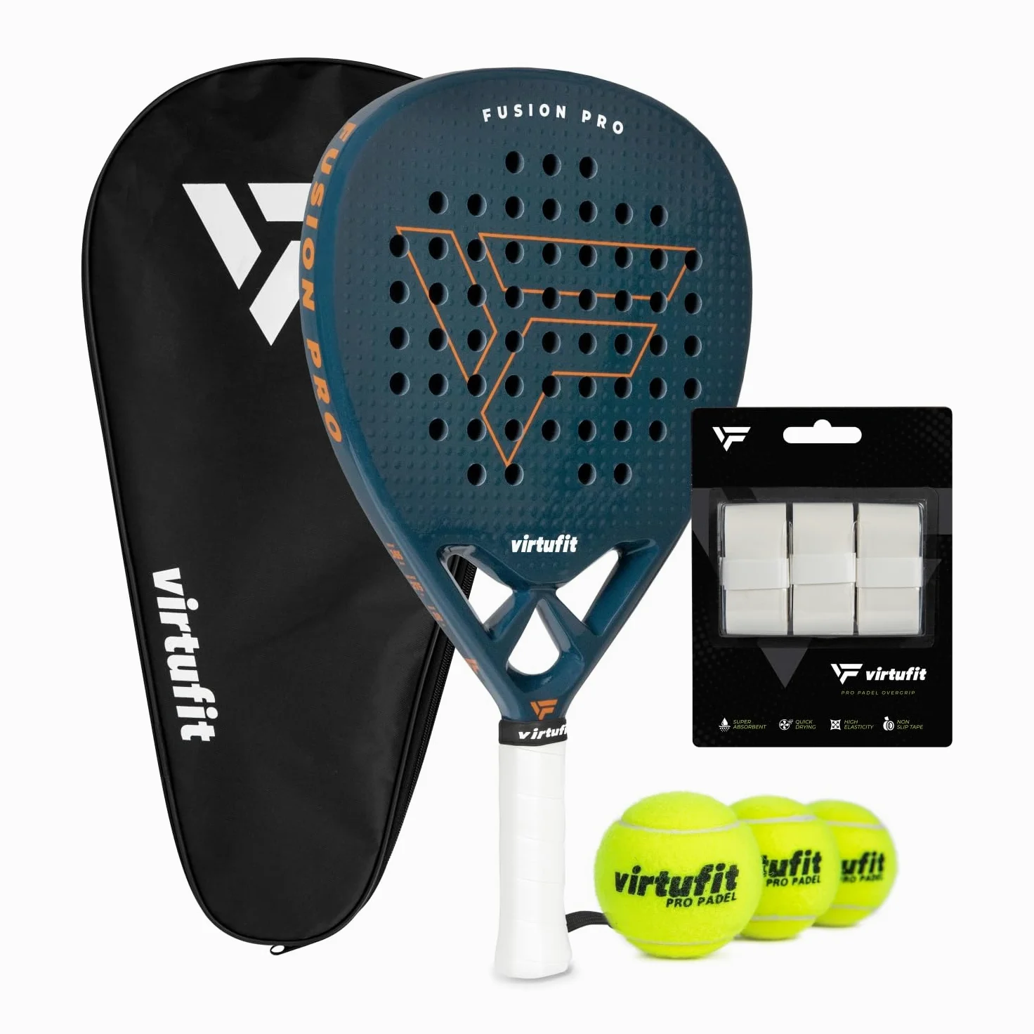 VirtuFit Fusion Pro Padel Set Deep Teal - Juego de raquetas de pádel para avanzados - Raqueta de carbono de 18 K con bolsa, 3 pelotas de pádel y overgrips
