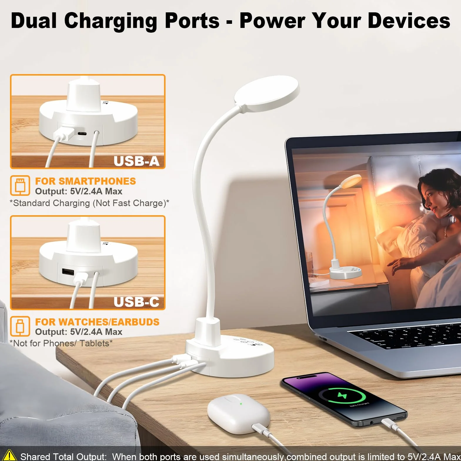 Lámpara de escritorio LED 15W regulable USB-A USB-C 3 temperaturas de color 5 niveles de brillo cuello cisne flexible 360° protección ojos