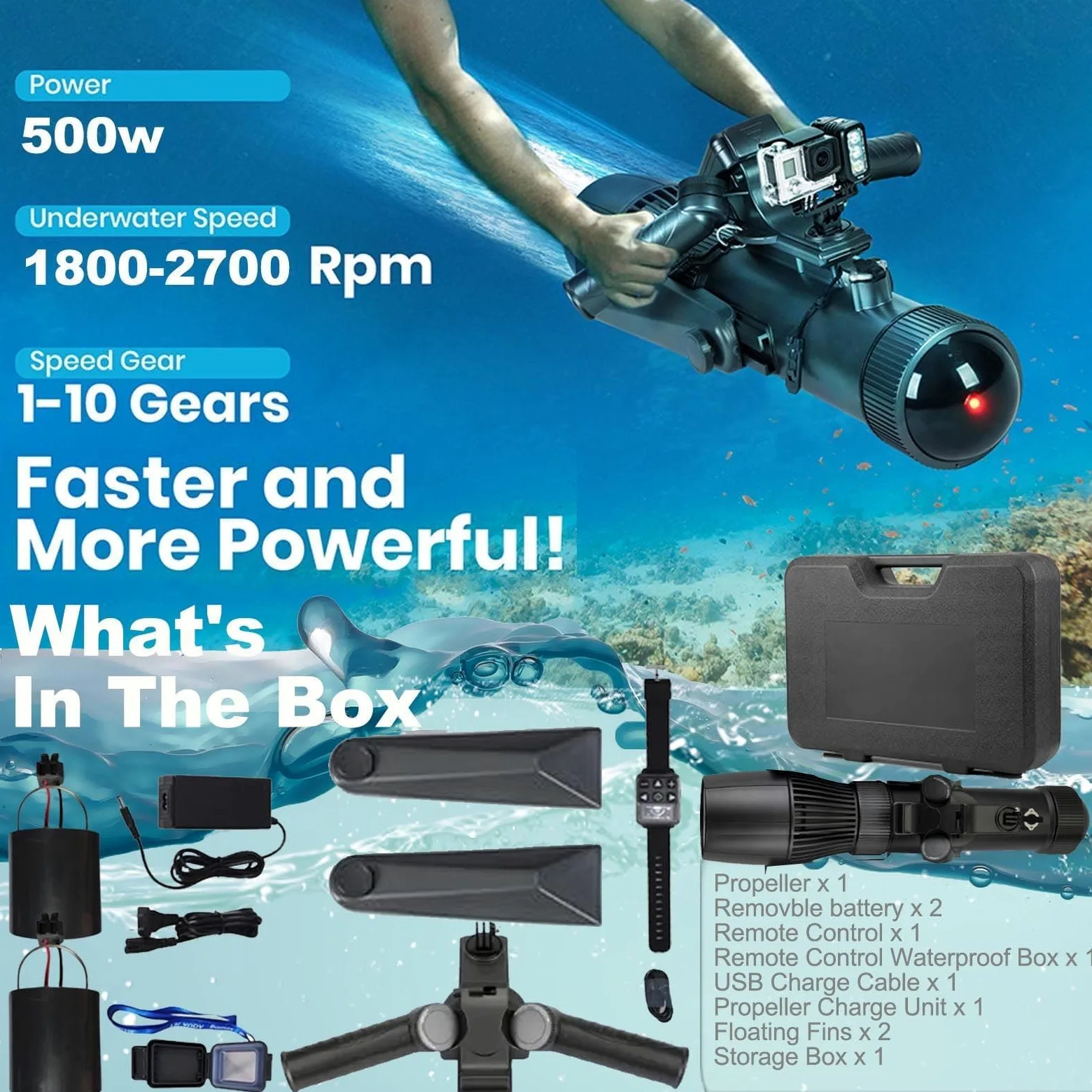 500W Scooter Submarino eléctrico (2025 Nuevo), Scooter Marino Que controla el Pulgar, Velocidad de la Hoja 1800-2700 RPM, para el Supple de Paleta, Piscina, Buceo y Snorkel, Scooter de Agua