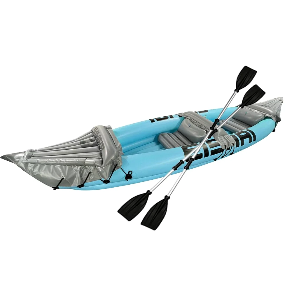 Kayak hinchable Flow para 2 personas, material de PVC resistente, incluye dos remos, bomba, kit de reparación e instrucciones de montaje, perfecto para lagos y ríos