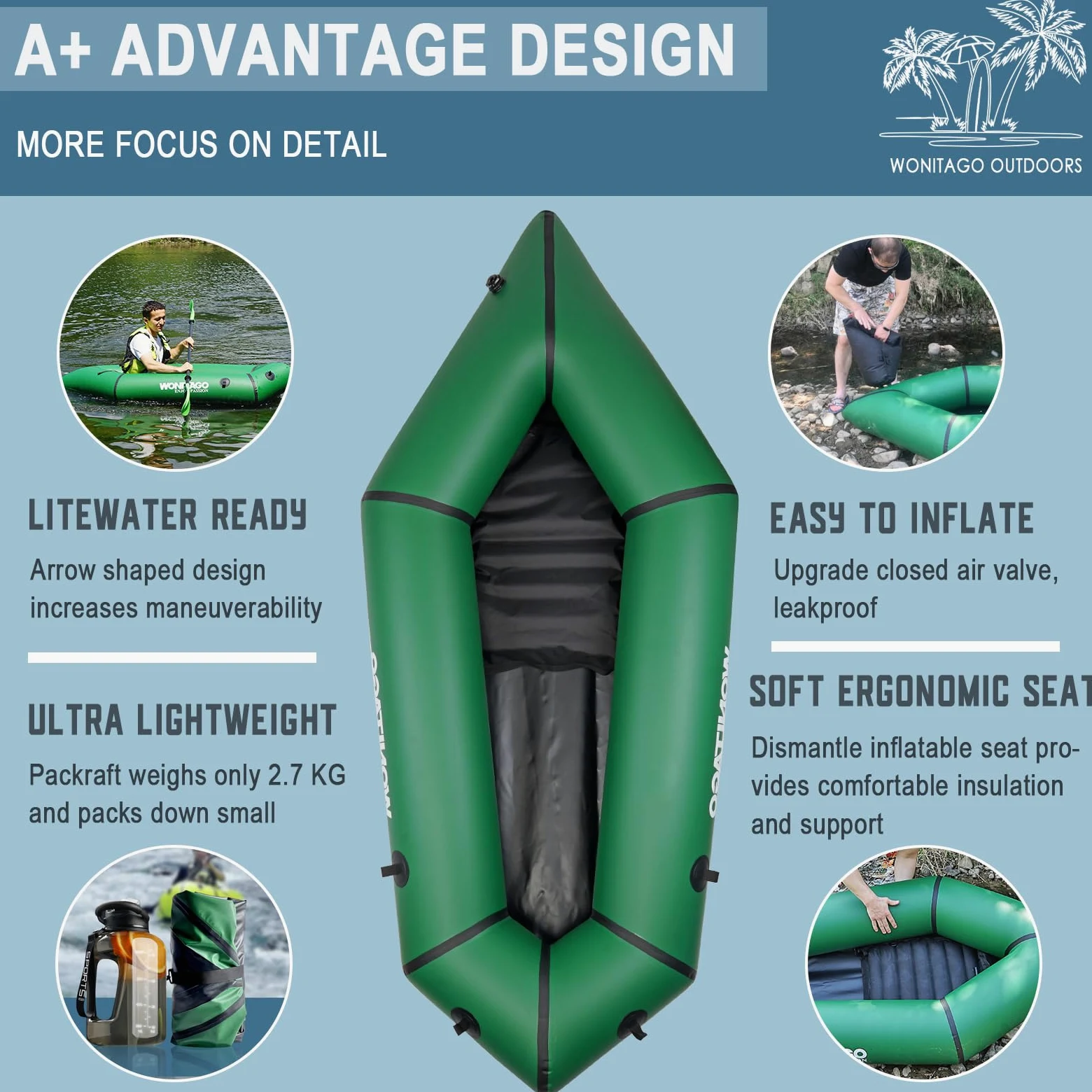 Packraft Kayak de Viaje Inflable de TPU con Asiento Suave Ligero para Rafting de Aguas Poco Profundas, para Rafting de Bicicleta, Bote Inflable, 2,1 m, Color Verde | Asiento inflable, adecuado para rafting de agua plana, bicicleta, bote de agua litewater,