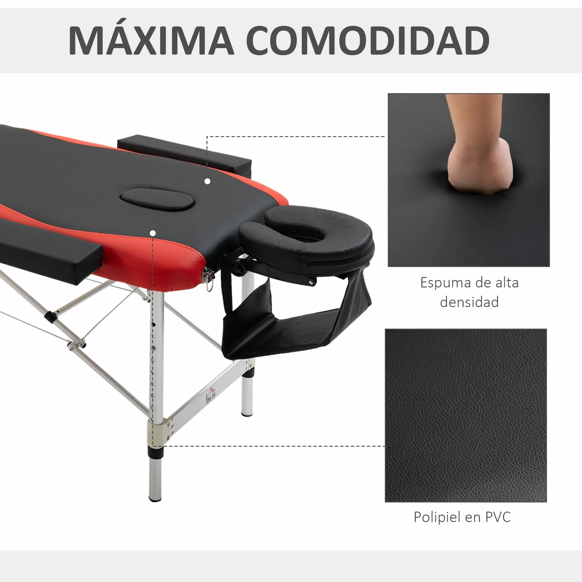 HOMCOM Camilla Masaje Plegable Aluminio Altura Ajustable 3 Zonas Tatuaje Fisioterapia Negro Rojo
