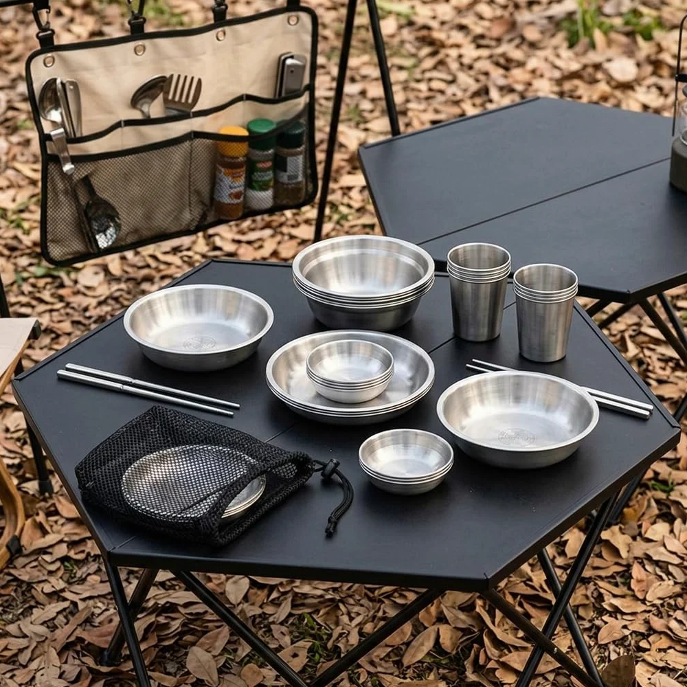 Vajil de Camping de Acero Inoxidable, Juego de Cubiertos y ptos apibl, para Senderismo y Actividad al exrior, 20 x 13 x 20 cm