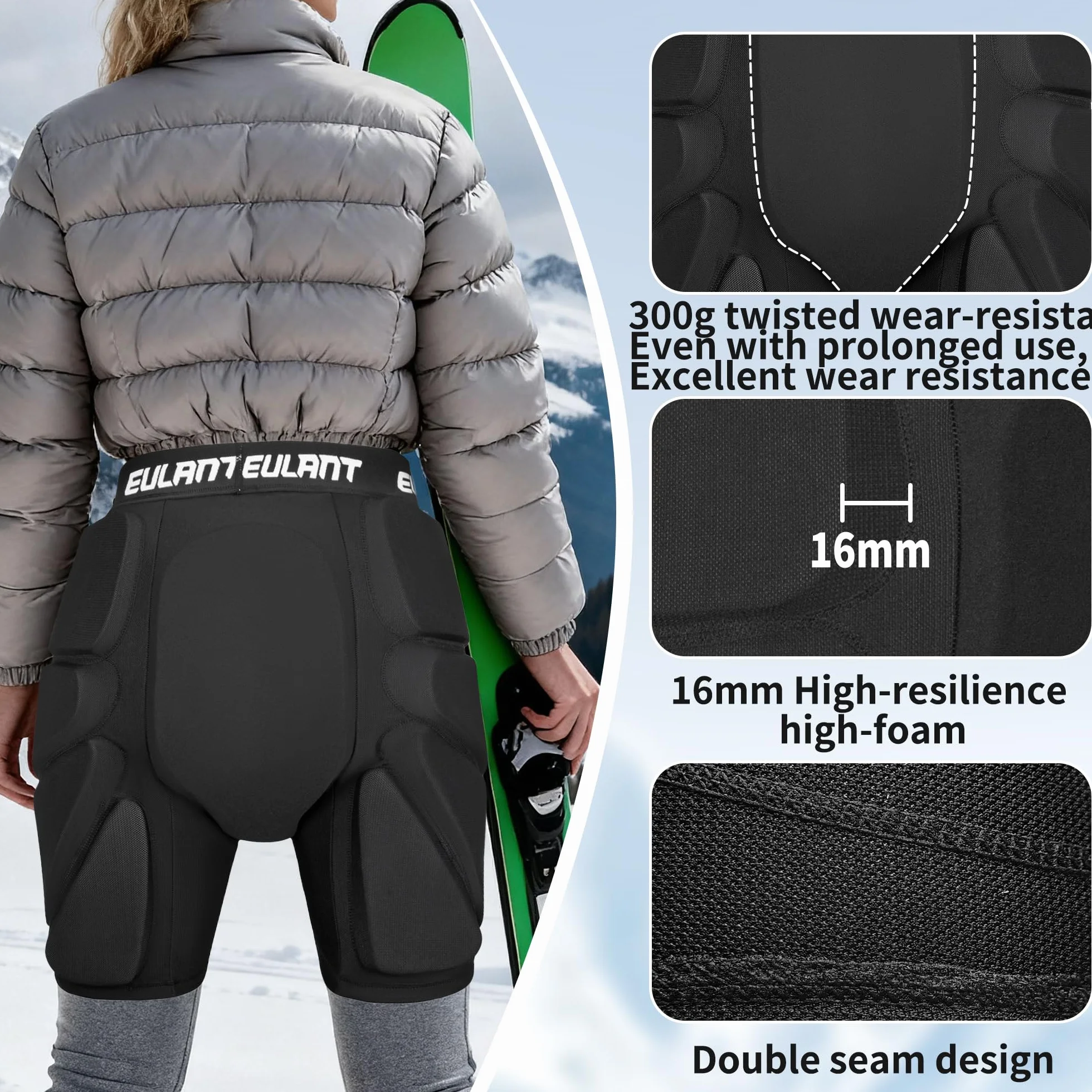 Pantalones Cortos Acolchados de Protección para Snowboard y Esquí con Almohadillas 3D para Cadera y Coxis
