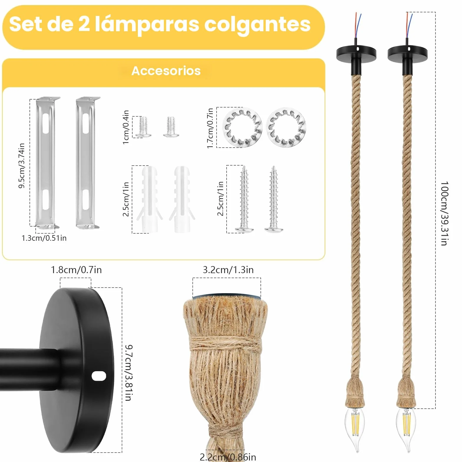 Lámpara Colgante Vintage Industrial E27 Cáñamo 100cm para Comedor Restaurante