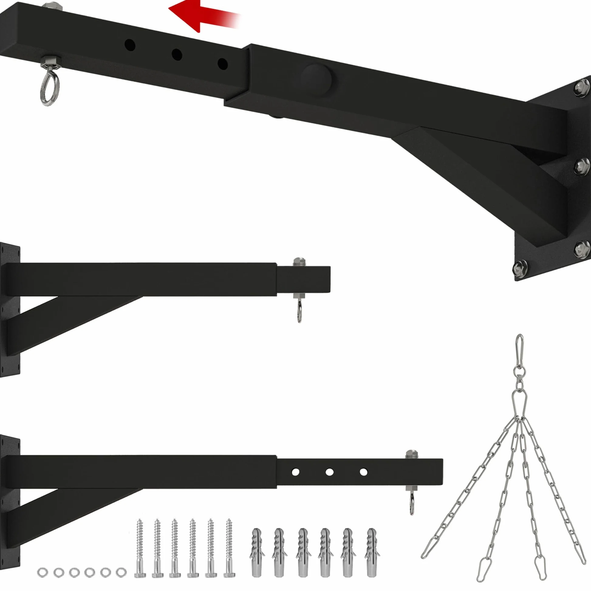 SPORTNOW Soporte Saco Boxeo de Pared, Distancia Ajustable 45-65 cm, Gancho Giratorio 360°, Cadenas, Carga 60 kg, Negro