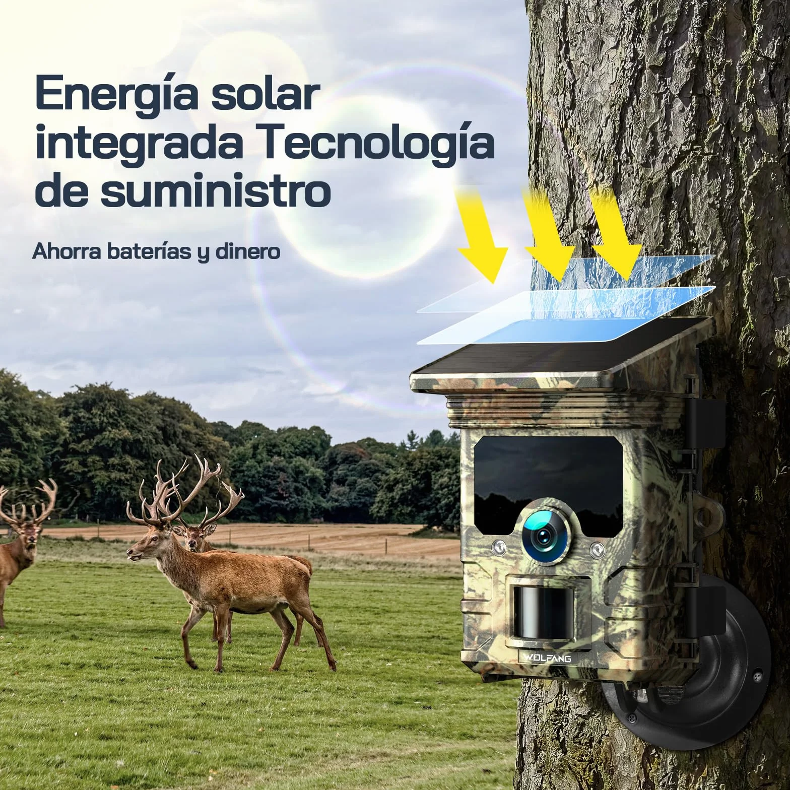 WOLFANG Cámara de Caza Solar 4K 30fps 46MP, WiFi Bluetooth Camara Fototrampeo con Visión Nocturna, Disparo de 0.1 s, IP66 Impermeable, Camara Caza para Monitoreo de Vida Silvestre con Tarjeta Micro SD