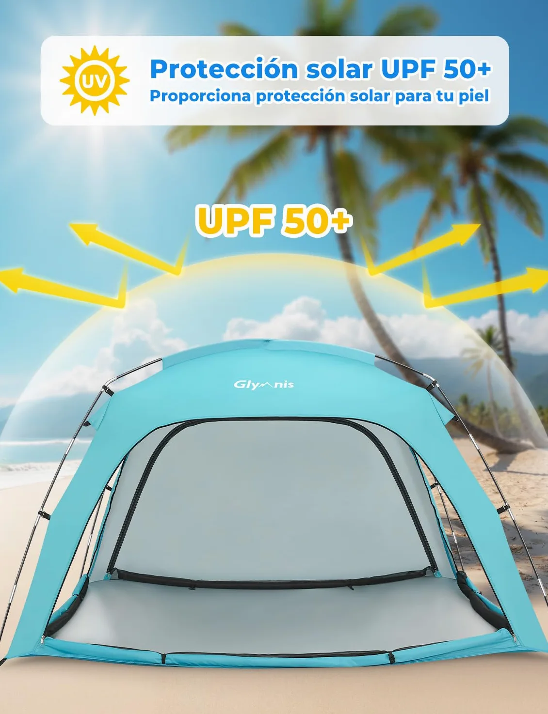 Glymnis Tienda de campaña grande para 3-4 personas, protección UV, refugio solar portátil, ideal para playa, picnic y pesca