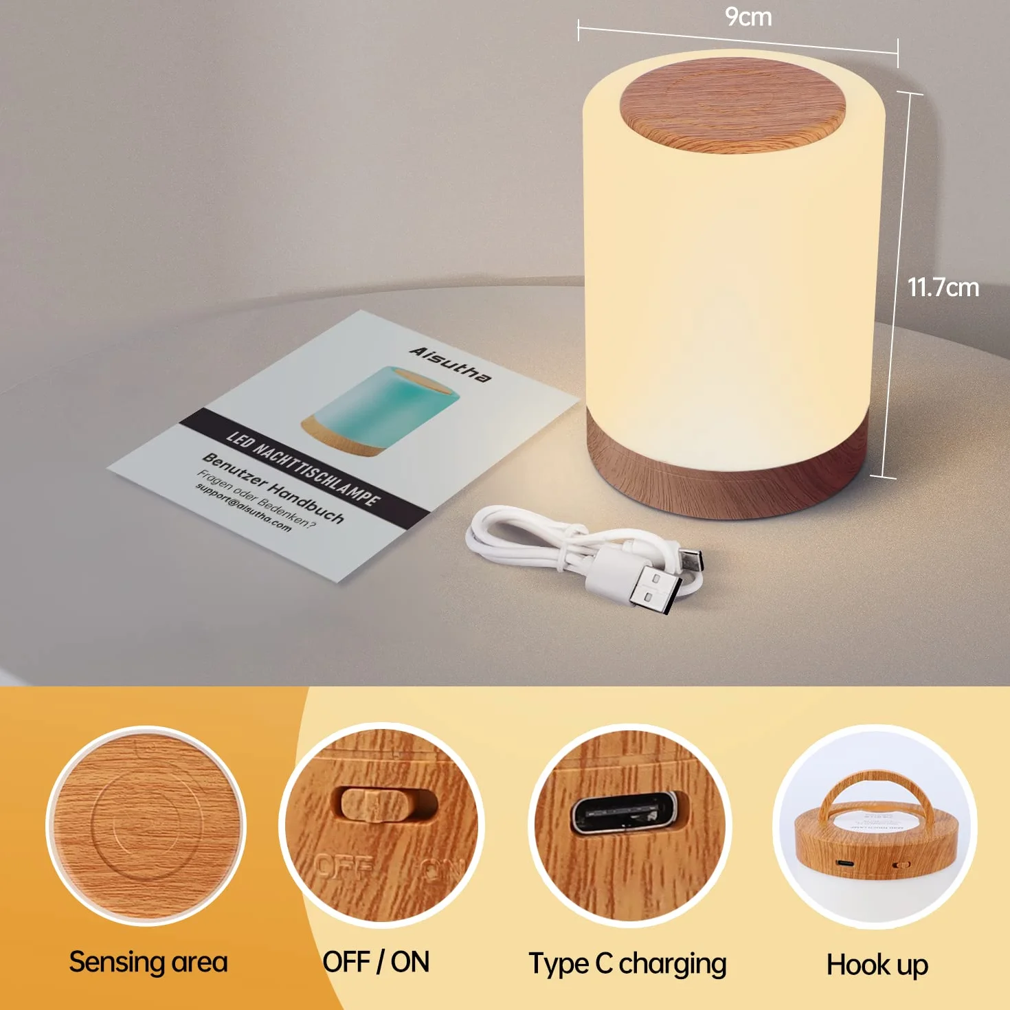Lámparas de Mesita de Noche LED, Luz Nocturna Táctil Regulable con 10 Colores y 4 Modos RGB USB Recargable