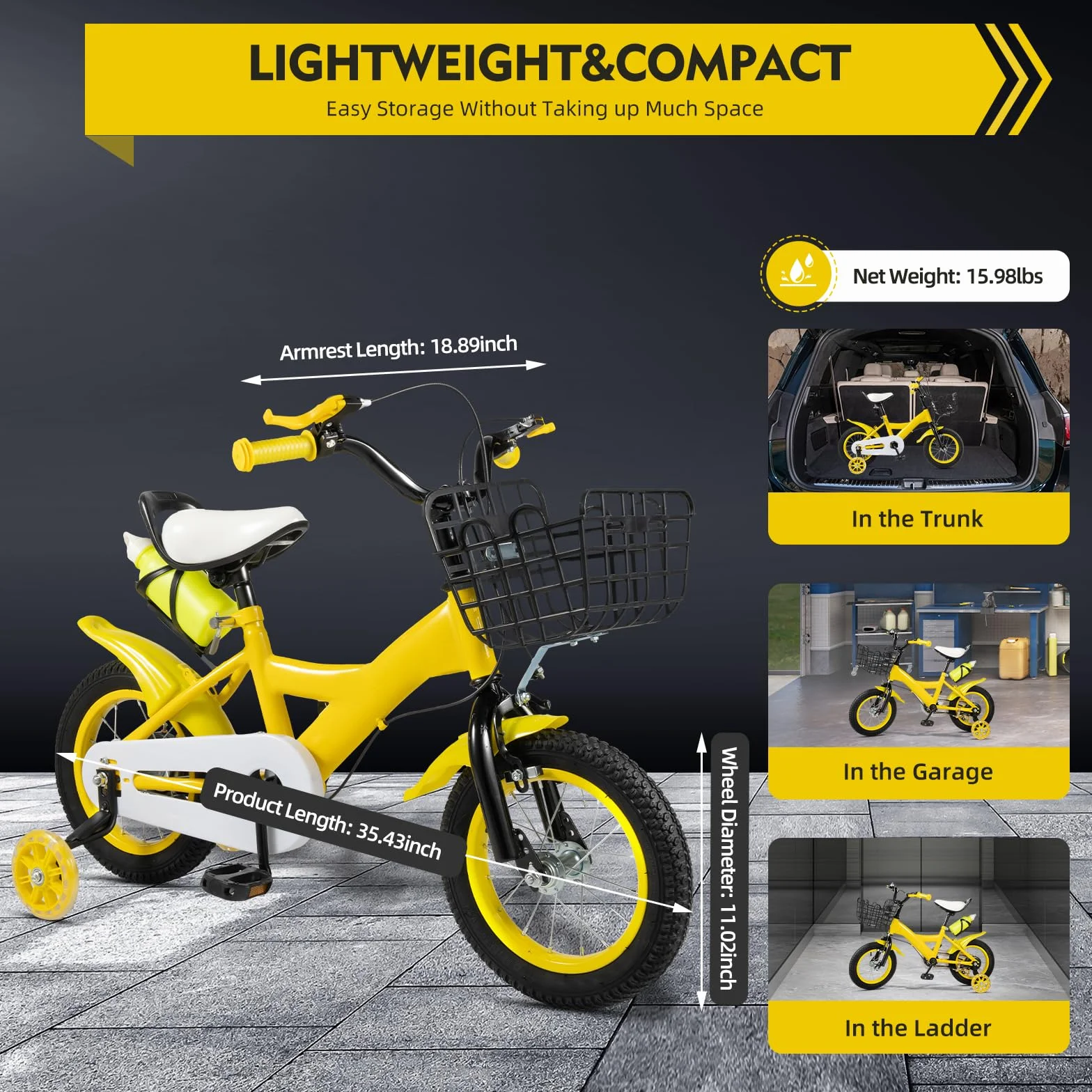 Bicicleta infantil de 14 pulgadas para niños y niñas, adecuada para niños de 3 a 7 años, con ruedas estabilizadoras, sillín y manillar ajustables, protector de cadena y reflectores; incluye botella de
