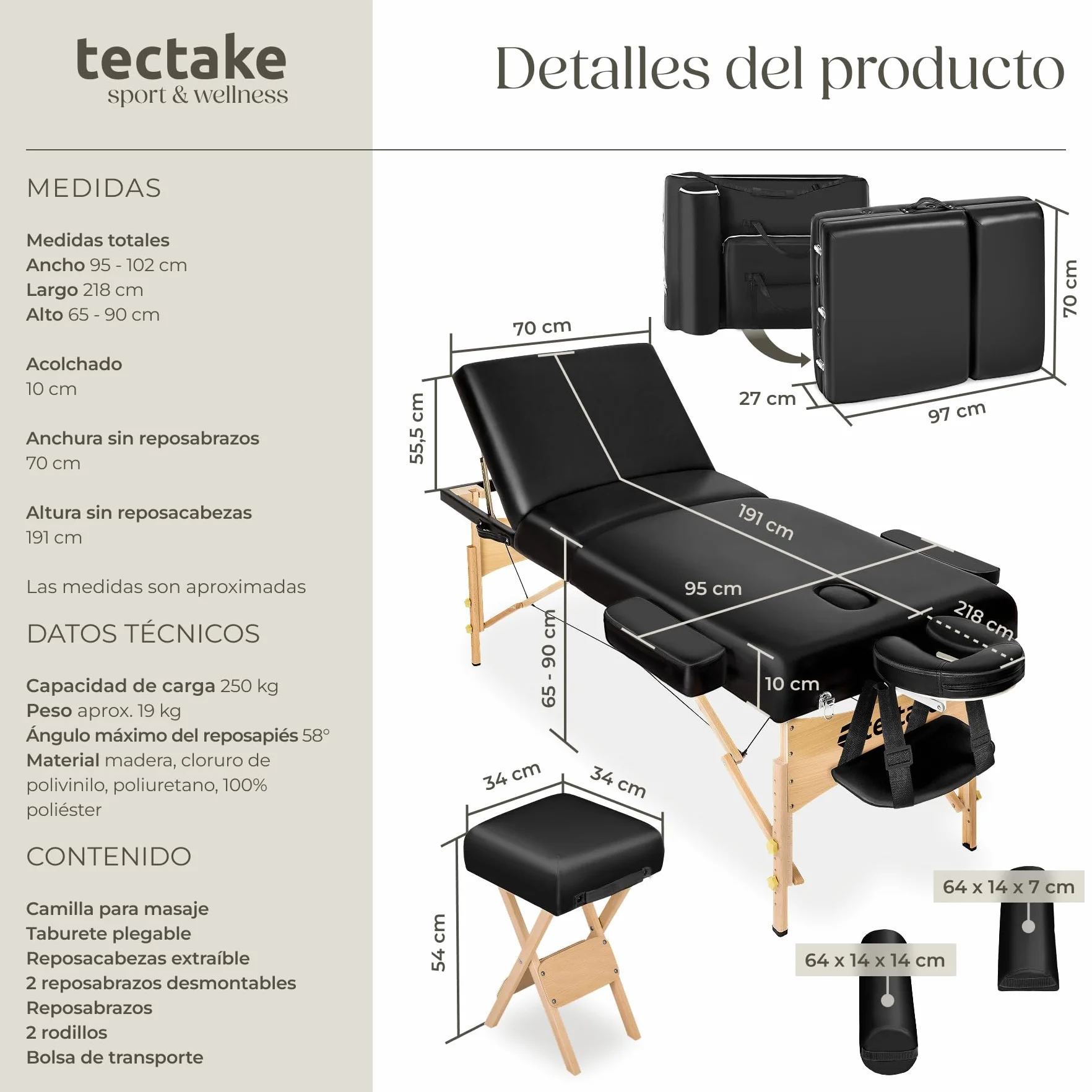 Tectake Camilla Masaje Plegable de Madera Profesional para Fisioterapia con Taburete, Cojines y Bolsa Transporte - Negro