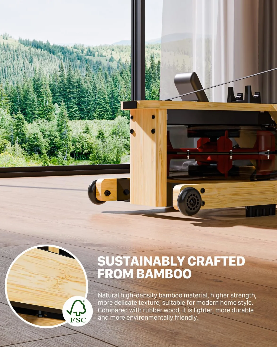 Máquina de Remo de Agua Plegable para Casa, Madera de Bambú Natural, Bluetooth Compatible con Kinomap, Pantalla LCD, Soporte para Tablet, Entrenamiento de Cuerpo Completo, Silenciosa