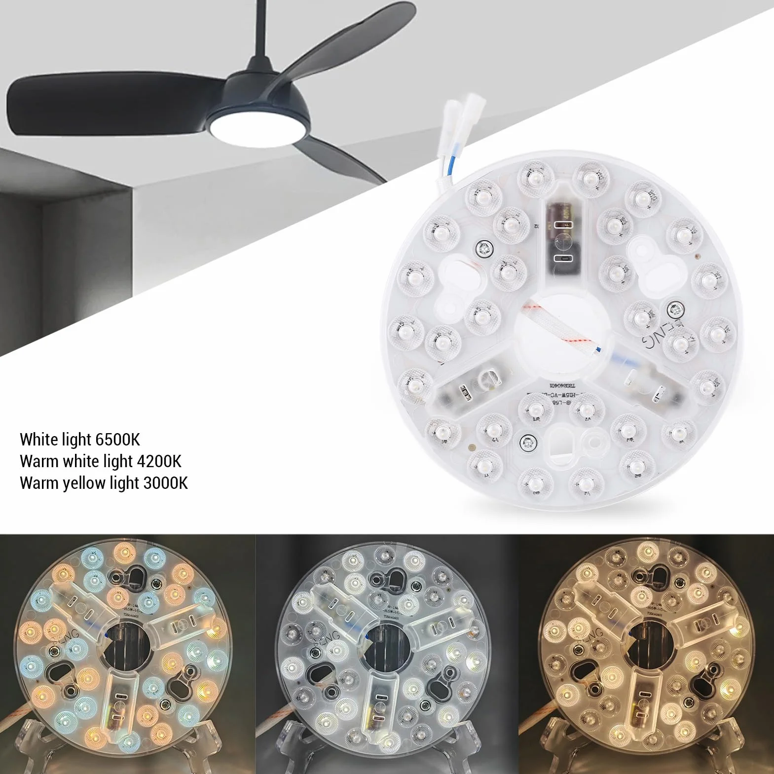 SENECESLI 15W 5.3Inch Panel de Luz de Ventilador de Techo LED, 3CCT 3000K 4200K 6500K, DIMBILE 100-5%