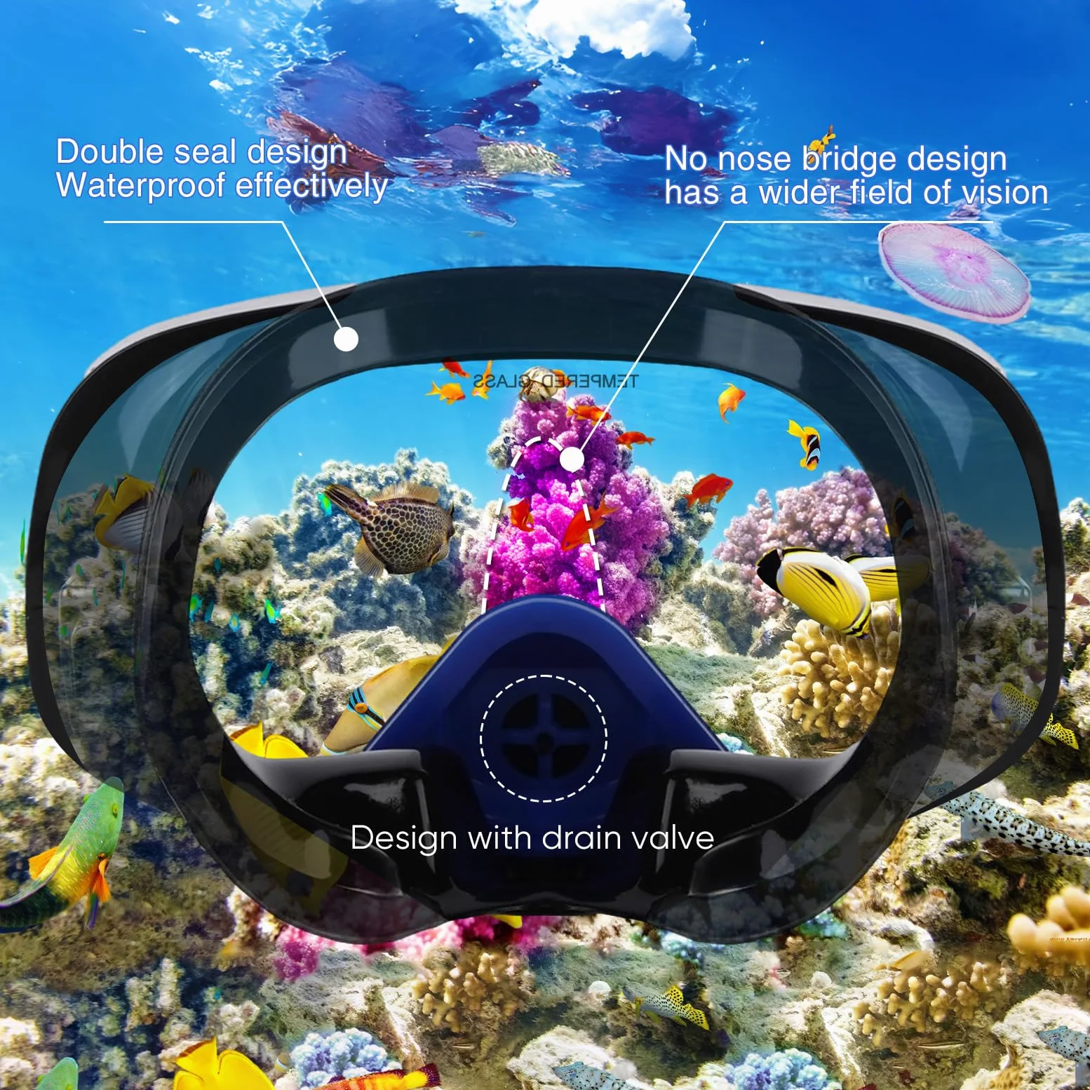 Máscara de buceo con válvula de drenaje amplia vista adecuada para adultos, buceo, buceo libre y máscara de gafas de esnórquel