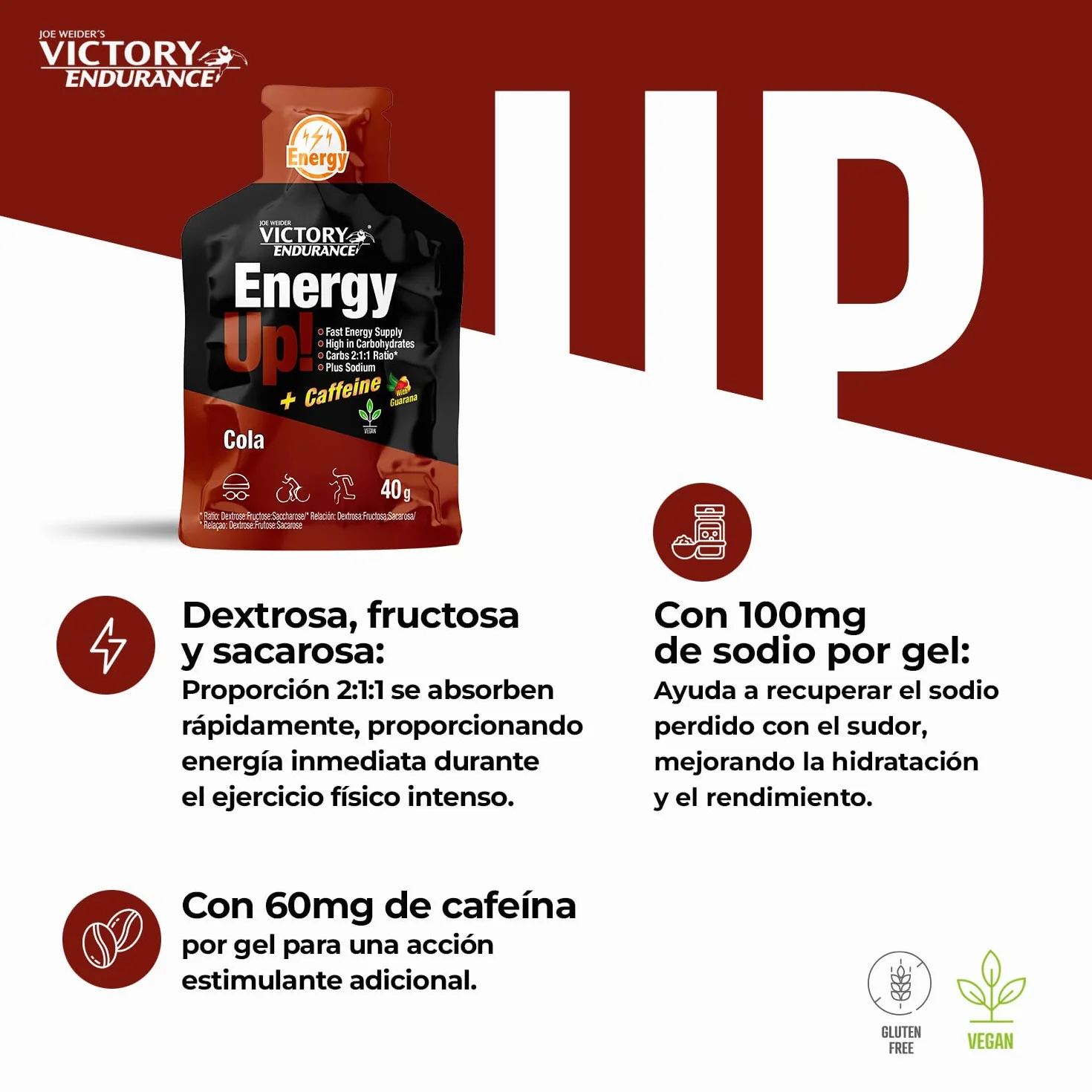 VICTORY ENDURANCE Energy Up Gel Cafeína Sabor Cola, con cafeína, con plus de sodio, 40 g (Paquete de 24)