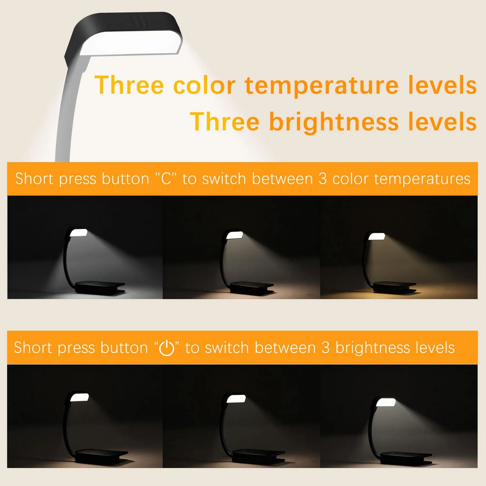 Lámpara de Lectura Recargable 9LED 3 Colores 3 Brillos 360° Flexible Ajustable
