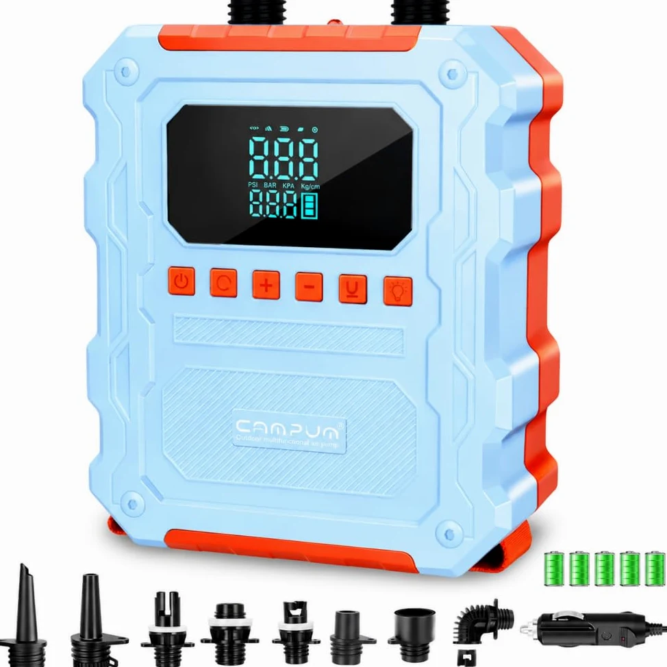 KinZon Bomba de Aire Eléctrica 60 PSI Alta Presión para Sup, Recargable, Compatible con Toma de Coche 12V, Apagado automático, inflado/desinflado, para Paddle, Kayak y neumáticos