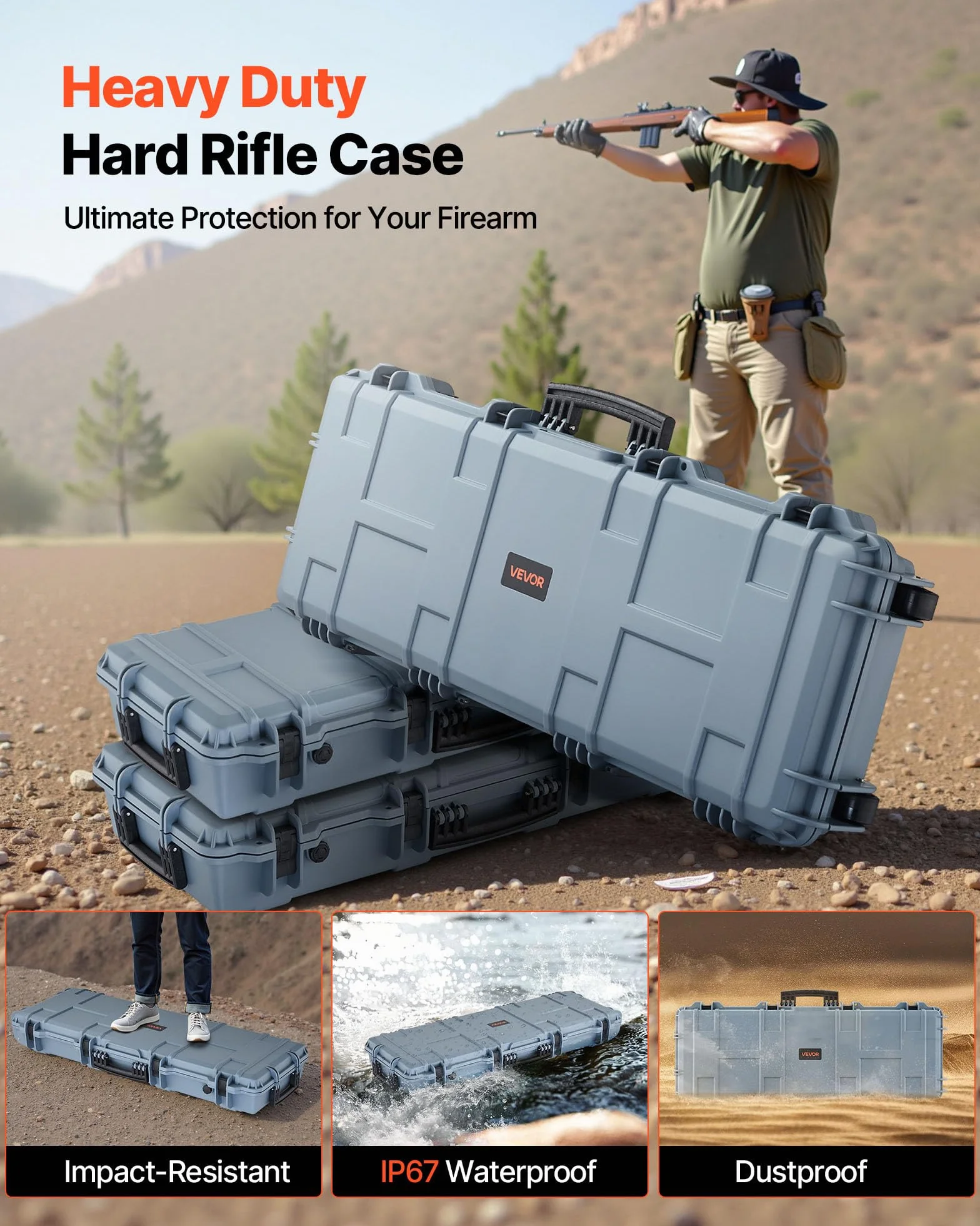 VEVOR Estuche Rígido para Armas Largas, IP67, 1090 x 410 x 155 mm, Gris