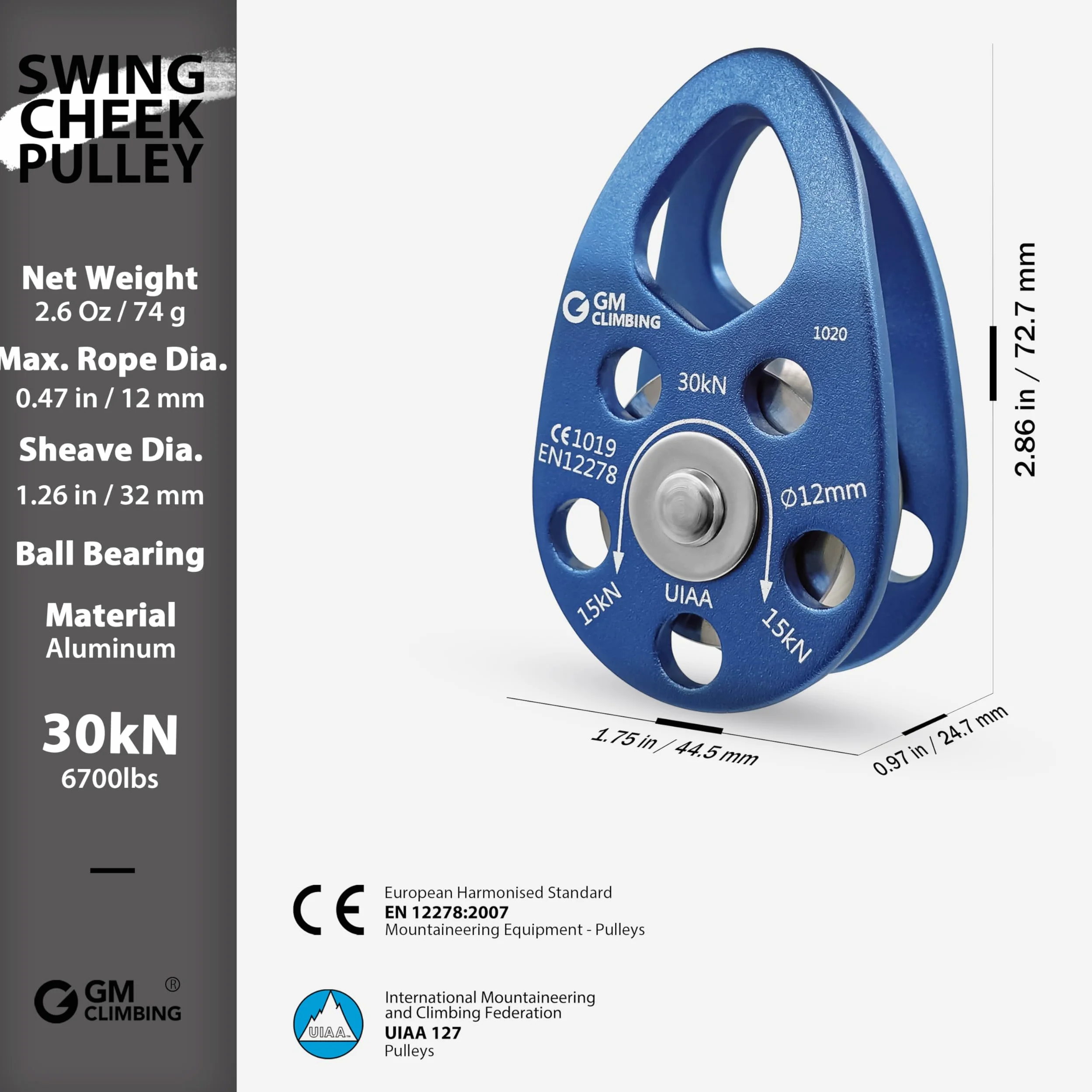 GM CLIMBING CE UIAA Certificado 30kN Swing Cheek Micro Polea Uso General Escalada