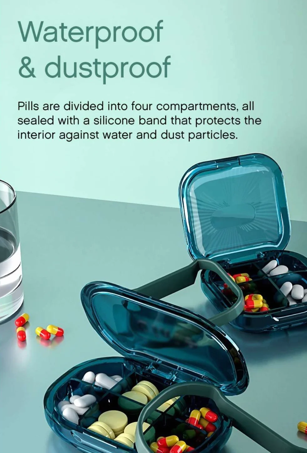 Pastillero de Bolsillo Transparente 4 Compartimentos, Organizador Medicación Plástico Grado Alimenticio